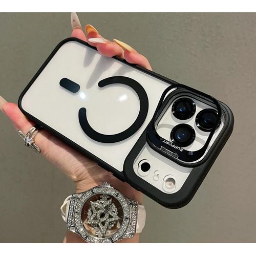IPHONE 17 Pro Max Cover with Ultra Invisible Metal Holder/ Support Transparent Magnetic Mobile Phone Case with Three Camera Lens for Protection Comfortable Grip Phone Case/ Cover