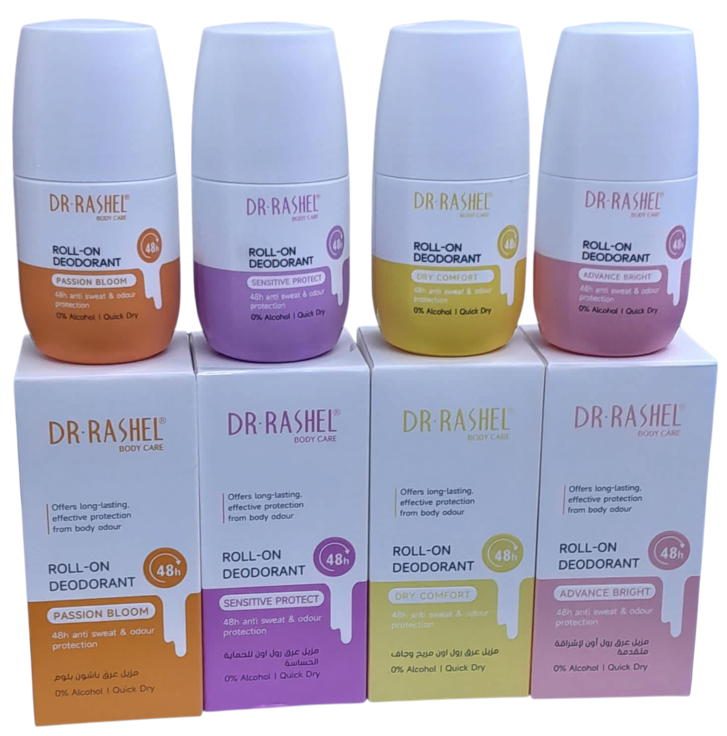 Dr Rashel Roll-Ons(Deodorant) - 48h Anti Sweat & Odour Protection - Available in 4 Flavors- Passion Bloom, Dry Comfort,,
Advance Bright, & Sensitive Protect (Choose yours under volume part)