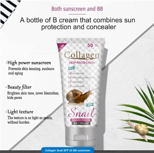 Collagen Snail Sunscreen Cream SPF 50 - Snail Anti-Acne Whitening Anti-Ageing Skin Care Sunscreen 50 ML