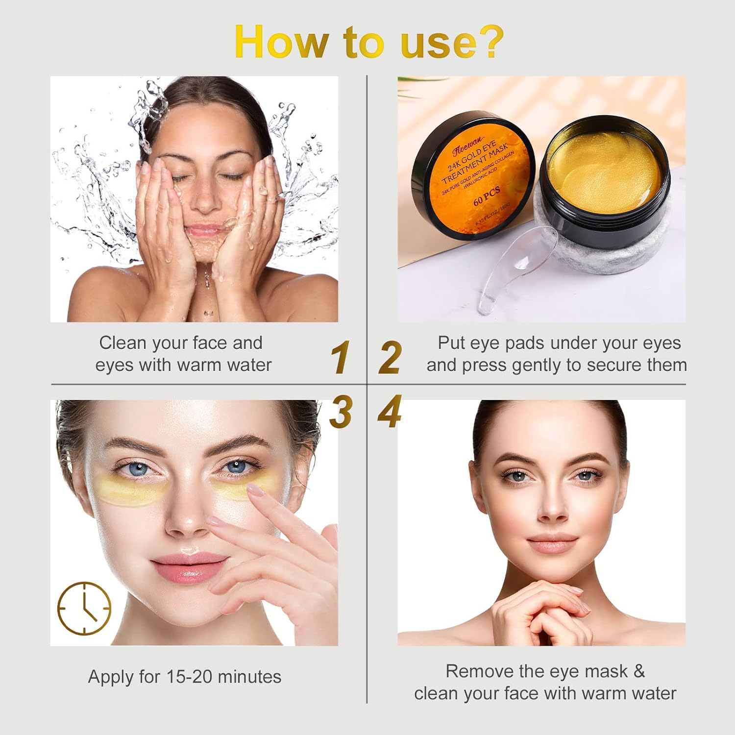 Eelhoe 24K Gold Eye Treatment Mask - 60 Pcs Eye Mask Pure Gold Anti-Aging Collagen Hyaluronic Acid Under Eye Mask for Removing Dark Circles, Puffiness & Wrinkles Refresh Your Skin