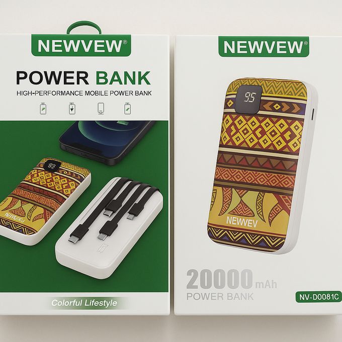 NEWVEW 20000mAh Power Bank with Digital Display – Fast Charging, Built-in Cables