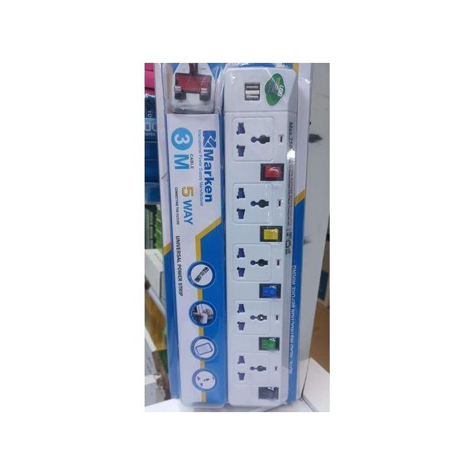 Marken 5-Way Power Extension Socket with Surge Protection – 3 Metre Cable