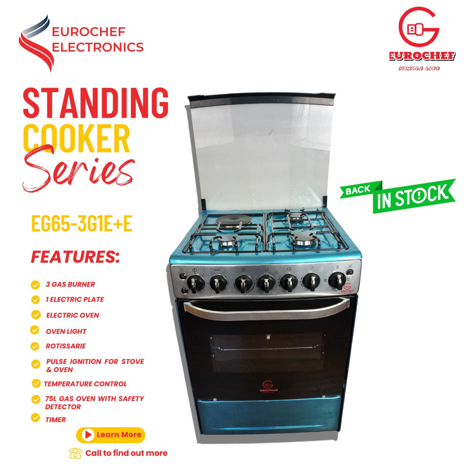 3+1 EUROCHEF EG65-3G1E+E Standing Cooker 60×60