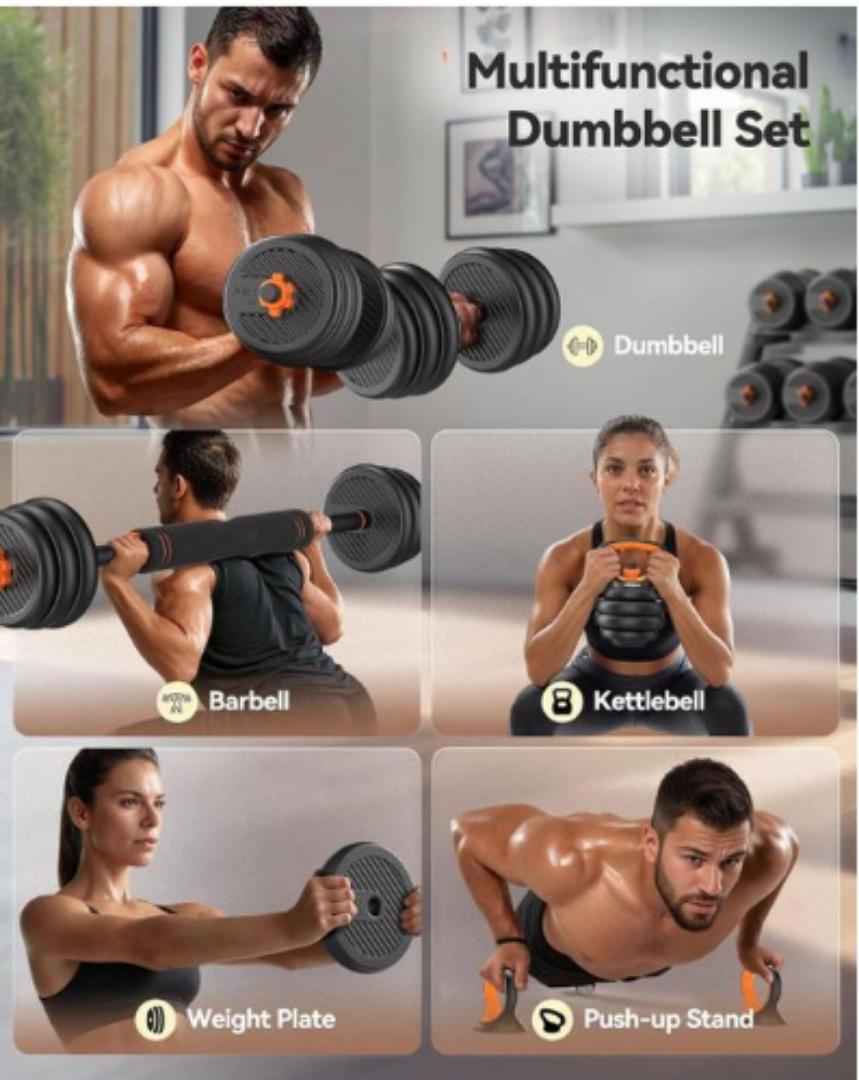 30 KGS 6 In 1 Multifunctional Weight Dumbbell Set- Adjustable Dumbbells With Connector-Dumbbells, Barbell, Kettlebells, AB Roller, Push Up Stand, Weight Plate, Fitness Exercises And Strength Training