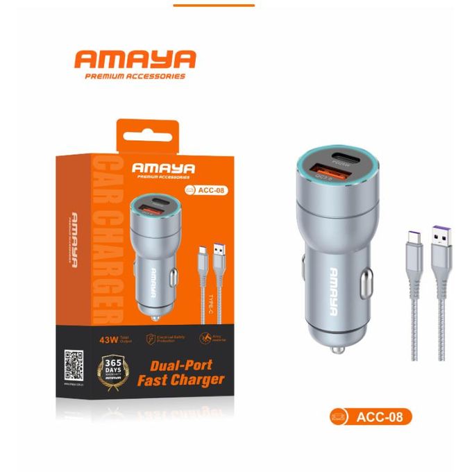 Amaya Car Charger Head, Dual portsAmaya ACC-04 PD38W Car Charger Dual Port Fast Charging 38W