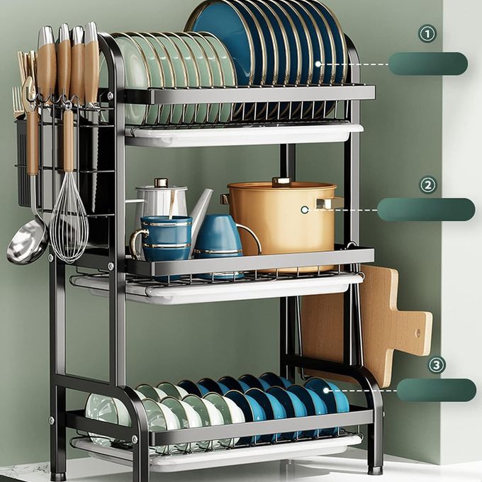 Heavy Duty 3 Tier Dish Rack With Cutlery Holder carbonated steel for easy cleaning and rust resistance