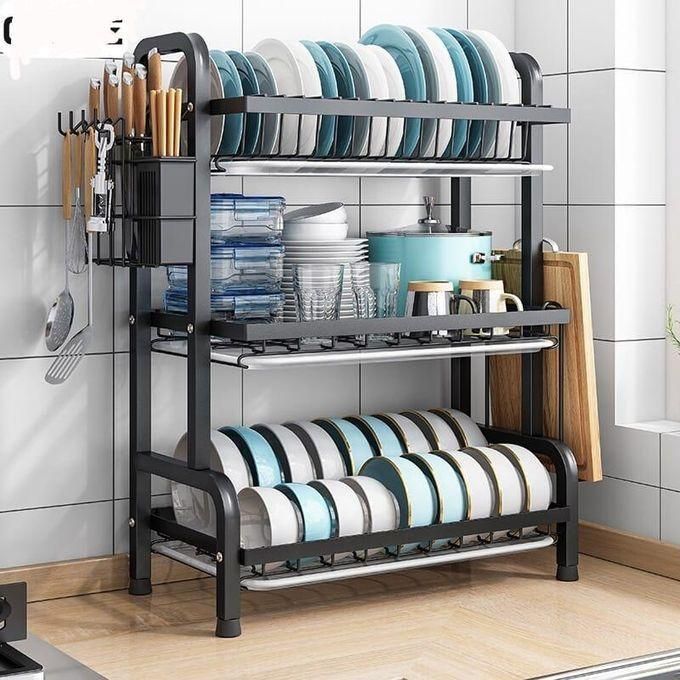 Heavy Duty 3 Tier Dish Rack With Cutlery Holder carbonated steel for easy cleaning and rust resistance