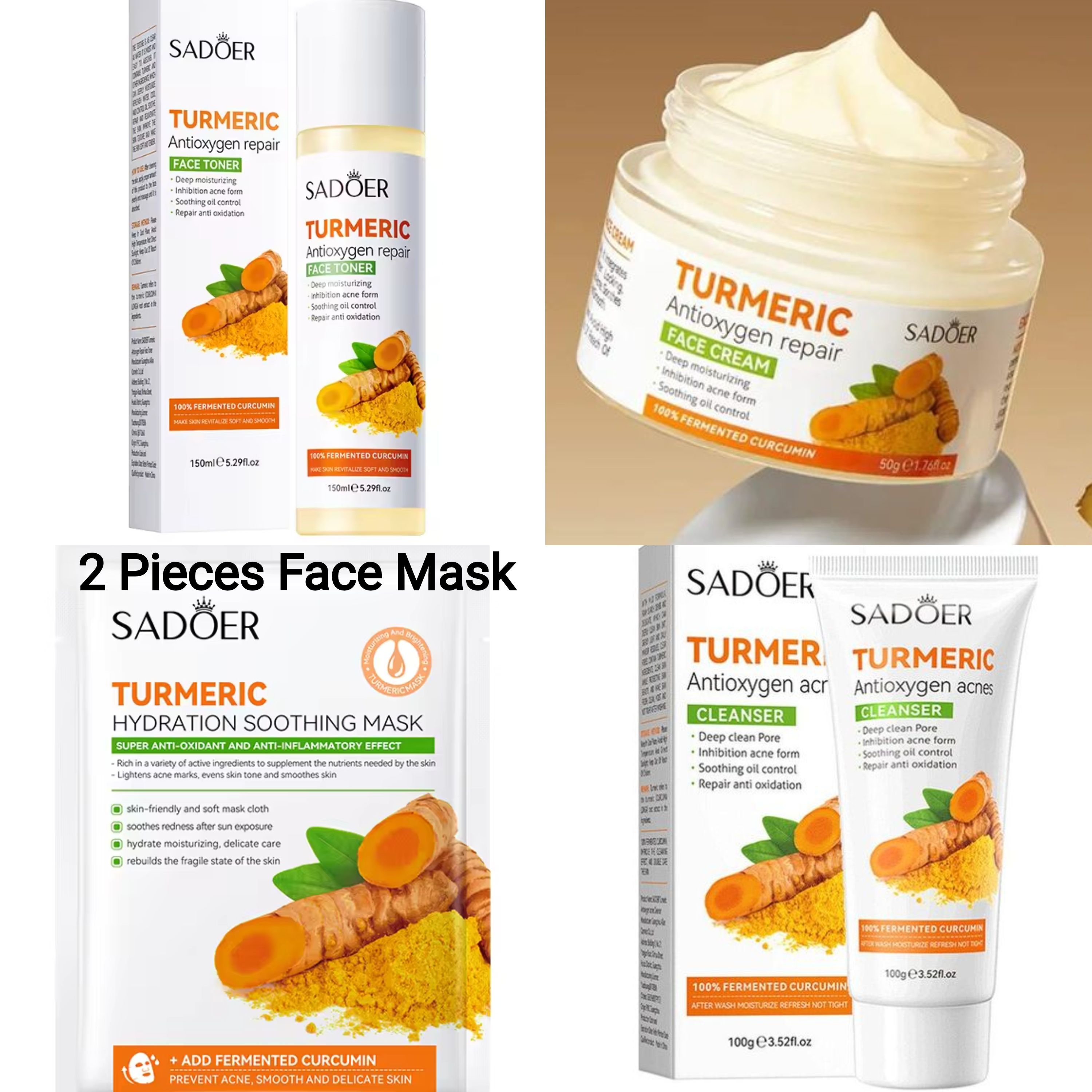 5 in 1 Set, Sadoer Turmeric Toner + 2 Face Mask + Turmeric Cream + Tumeric Cleanser , Can Combine with Vitamin C, Helps in Oil Control, Soothing, Lighten Acne Dark Marks, Prevent Acnes, Deep Hydration