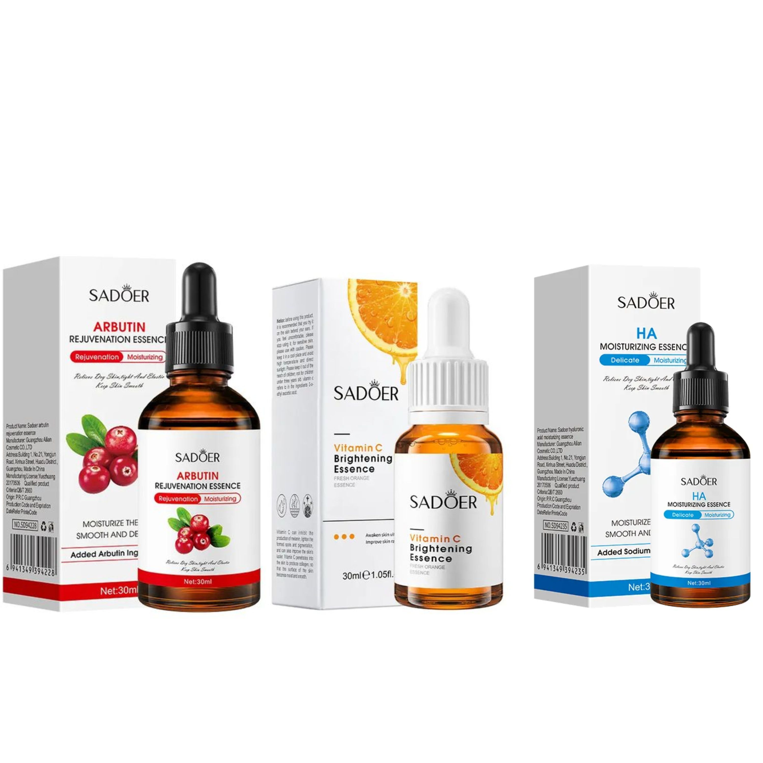Sadoer 3 in 1 Serums, Hyaluronic Acid Moisturizing Essence Vitamin C Face Brightening Essence + Alpha Arbutin Skin Rejuvenation  Essence, This Combo is effective in moisturizing, soothing, Brightening