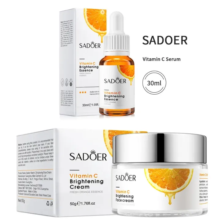 Sadoer 2 in 1 Set of Vitamin C Face Brightening Cream + Vitamin C Face Brightening Essence/Serum, Brightens Skin, Moisturize, Fade Dark Spots, Makes the Skin Glow