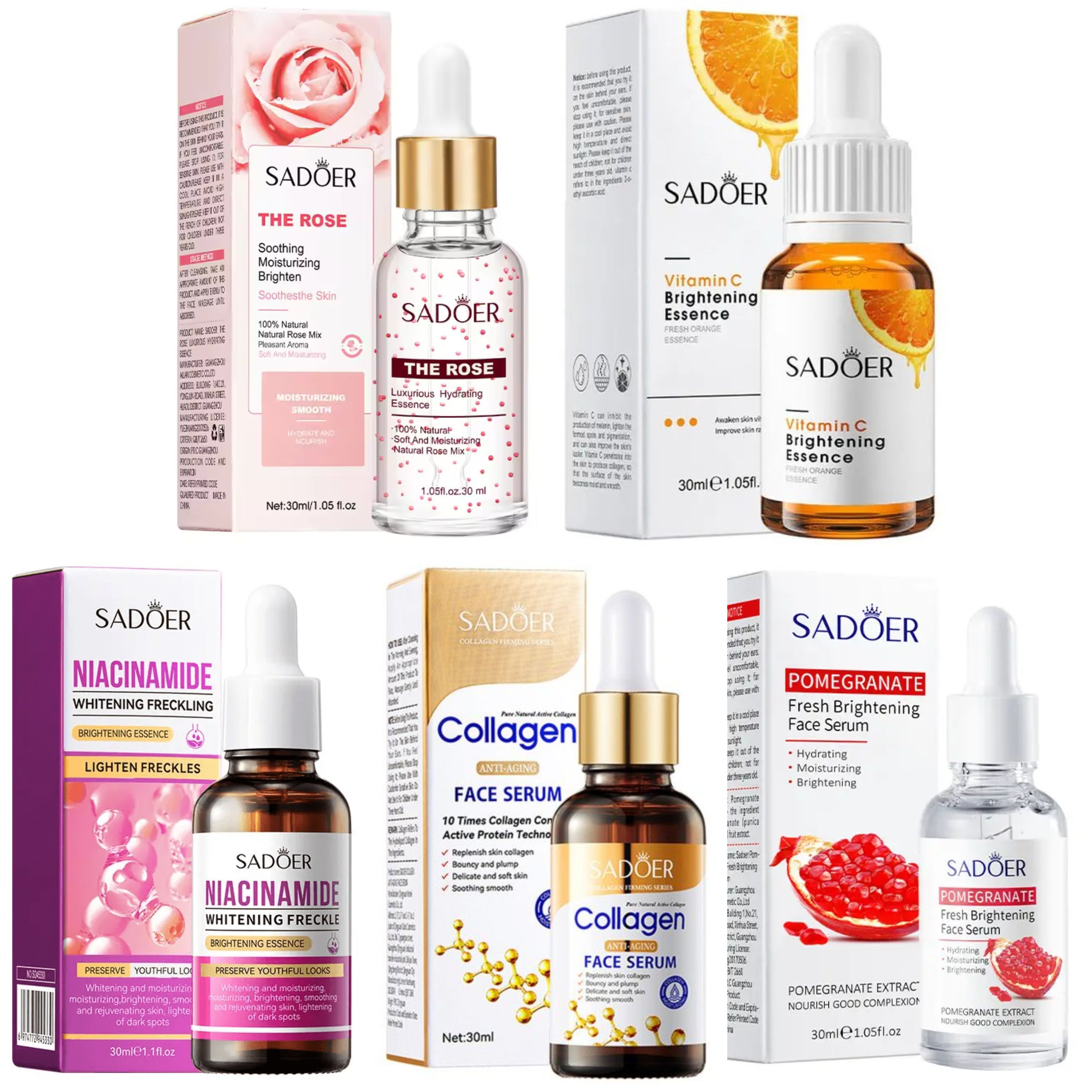 Sadoer 5 Serums Set, Vitamin C Face Serum+ Rose Water + Pomegranate Face Brightening + Collagen Serum + Niacinamide + For Moisturizing, Fade Dark Marks, Repair Acne , Face Brightening, Anti Wrinkles 30ml Each