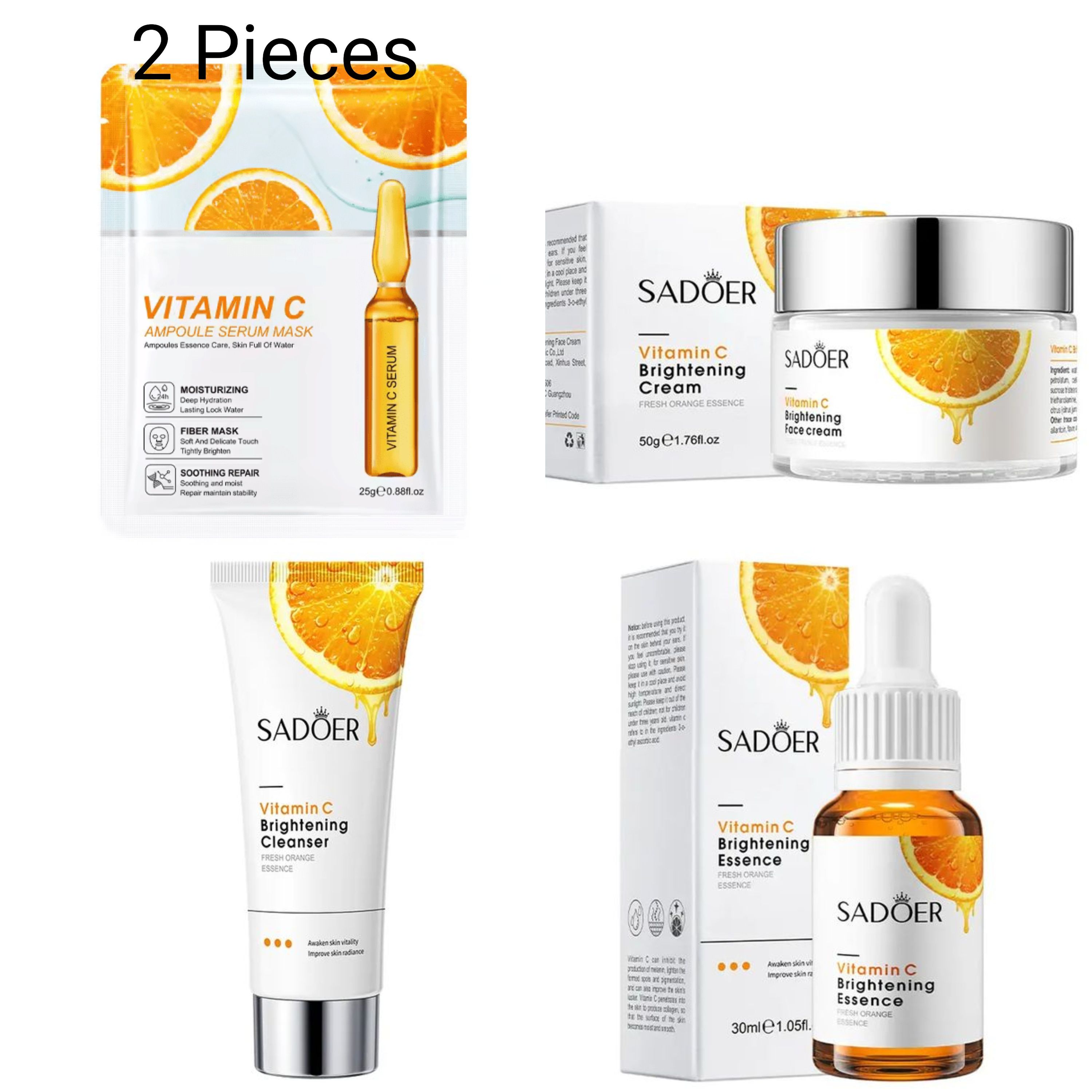 Sadoer 5 Pieces, Vitamin C Foaming Cleanser+ 2 Pieces Vitamin C Face Mask + Vitamin C Cream + Vitamin C Face Serum, For Face Brightening, Soothing, Moisturizing, Smoothing, Anti Wrinkles, Even Tone