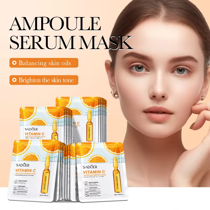 Sadoer 5 Pieces, Vitamin C Foaming Cleanser+ 2 Pieces Vitamin C Face Mask + Vitamin C Cream + Vitamin C Face Serum, For Face Brightening, Soothing, Moisturizing, Smoothing, Anti Wrinkles, Even Tone