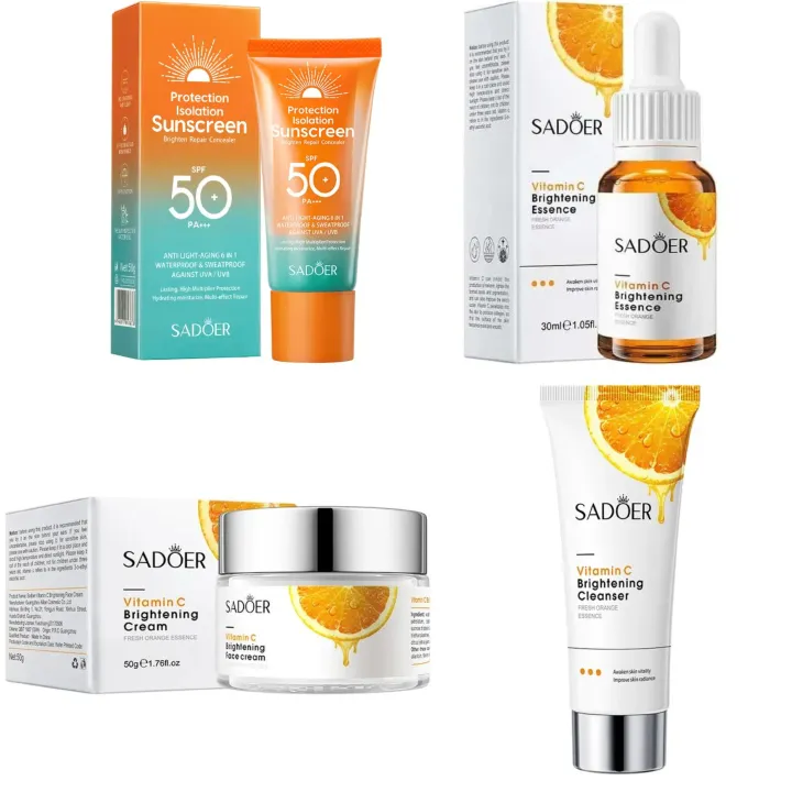 Sadoer Face Brightening Kit  4 Set, Vitamin C Face Brightening Cream +Vitamin C Serum for Face Brightening  + Foaming Face Cleanser + Sunscreen SPF 50  SunScreen SunBlock Cream