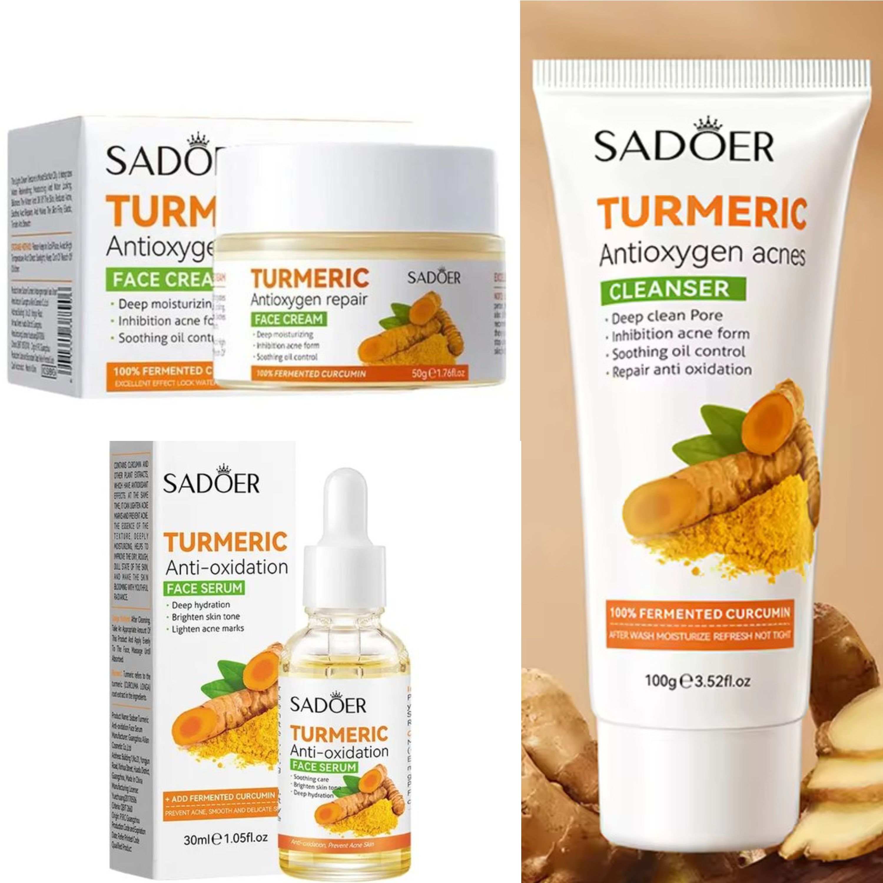 Sadoer Tumeric 3 in 1 Set, Turmeric Anti Acne Cleanser + Turmeric Face Serum + Tumeric Cream, Like Vitamin C, Guarantees Smooth Skin, Prevent Acnes, Control Oil, Remove Dark Spots , Moisturize, Refres