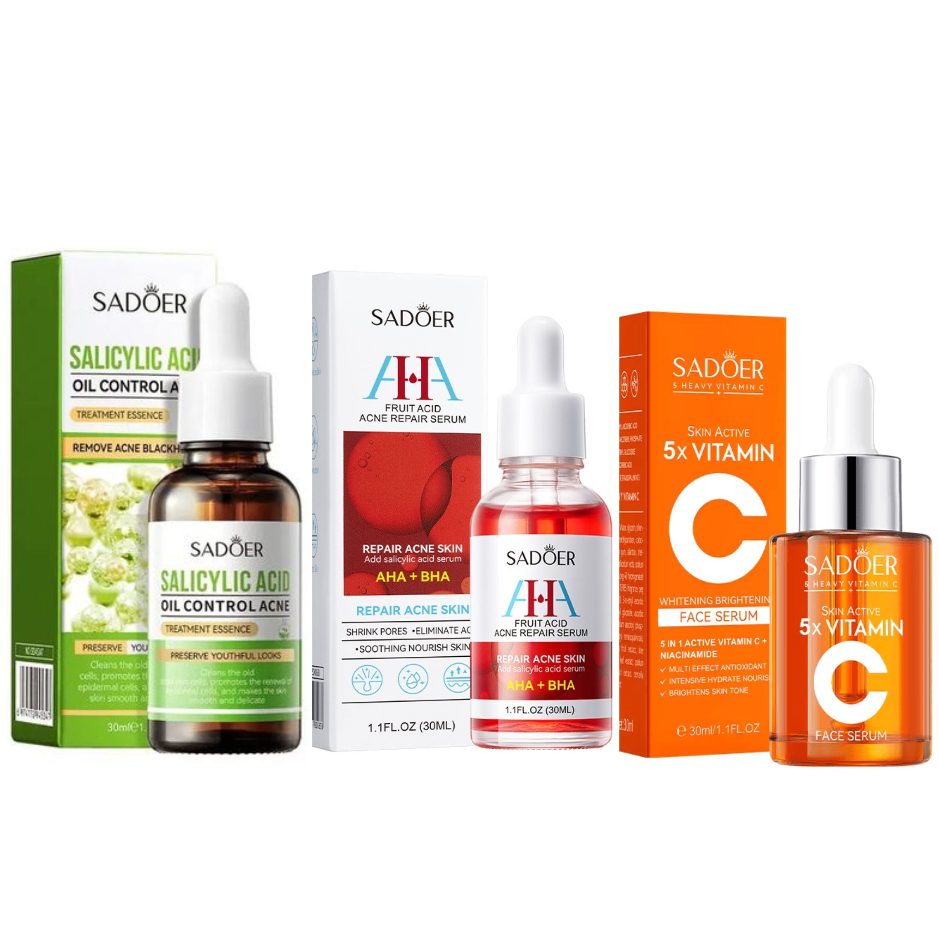 Sadoer 3 Serums , Skin Active Vitamin C Serum + AHA BHA Salicylic  Fruit Acid , Oil Control And Acne Treatment Salicylic Acid + Salicylic Acid Acne Treatment Essenceand Even Ski Serum