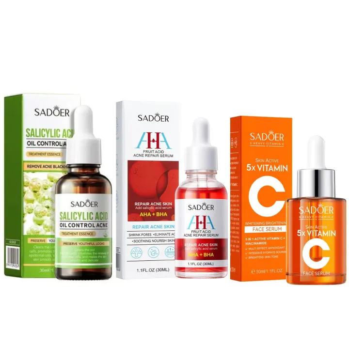 Sadoer 3 Serums , Skin Active Vitamin C Serum + AHA BHA Salicylic  Fruit Acid , Oil Control And Acne Treatment Salicylic Acid + Salicylic Acid Acne Treatment Essenceand Even Ski Serum