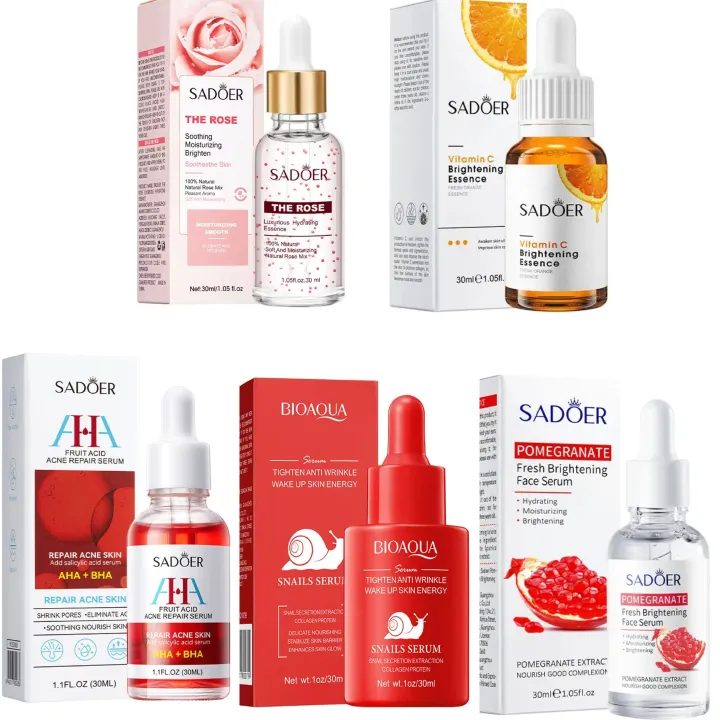 Sadoer 5 Serums Set, Vitamin C Face Serum+ Rose Water + Pomegranate Face Brightening + Snail Collagen Serum + AHA BHA Serum + Moisturizing, Fade Dark Marks, Repair Acne ,  Brightening, Anti Wrinkles