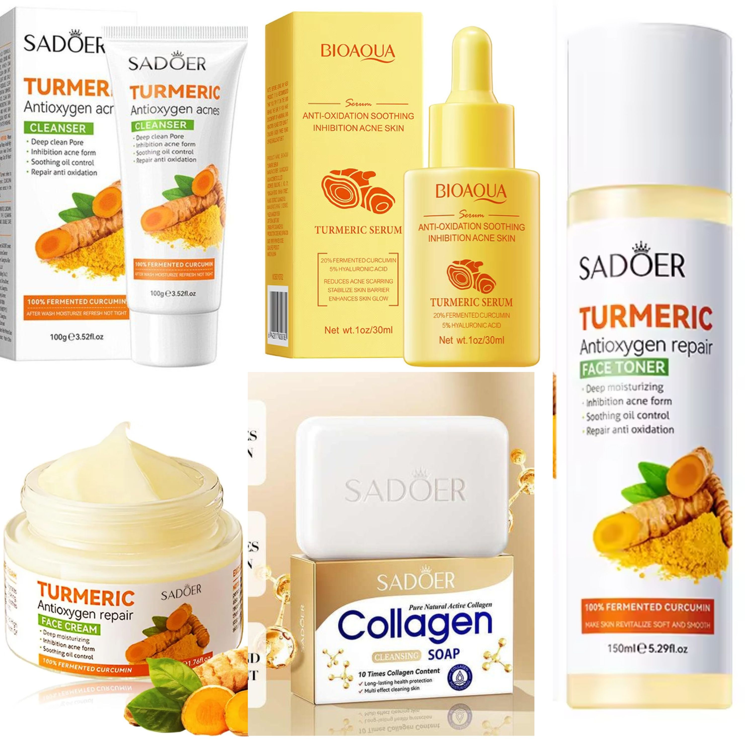 5 in 1 Sadoer Turmeric Set, Tumeric Cleanser + Face Serum +Face Toner + Face Cream + Collagen Soap, with unparelled Vitamin C capabilities, Helps in Preven Acne, Sooth, Hydrate, Lighjten Acne Marks