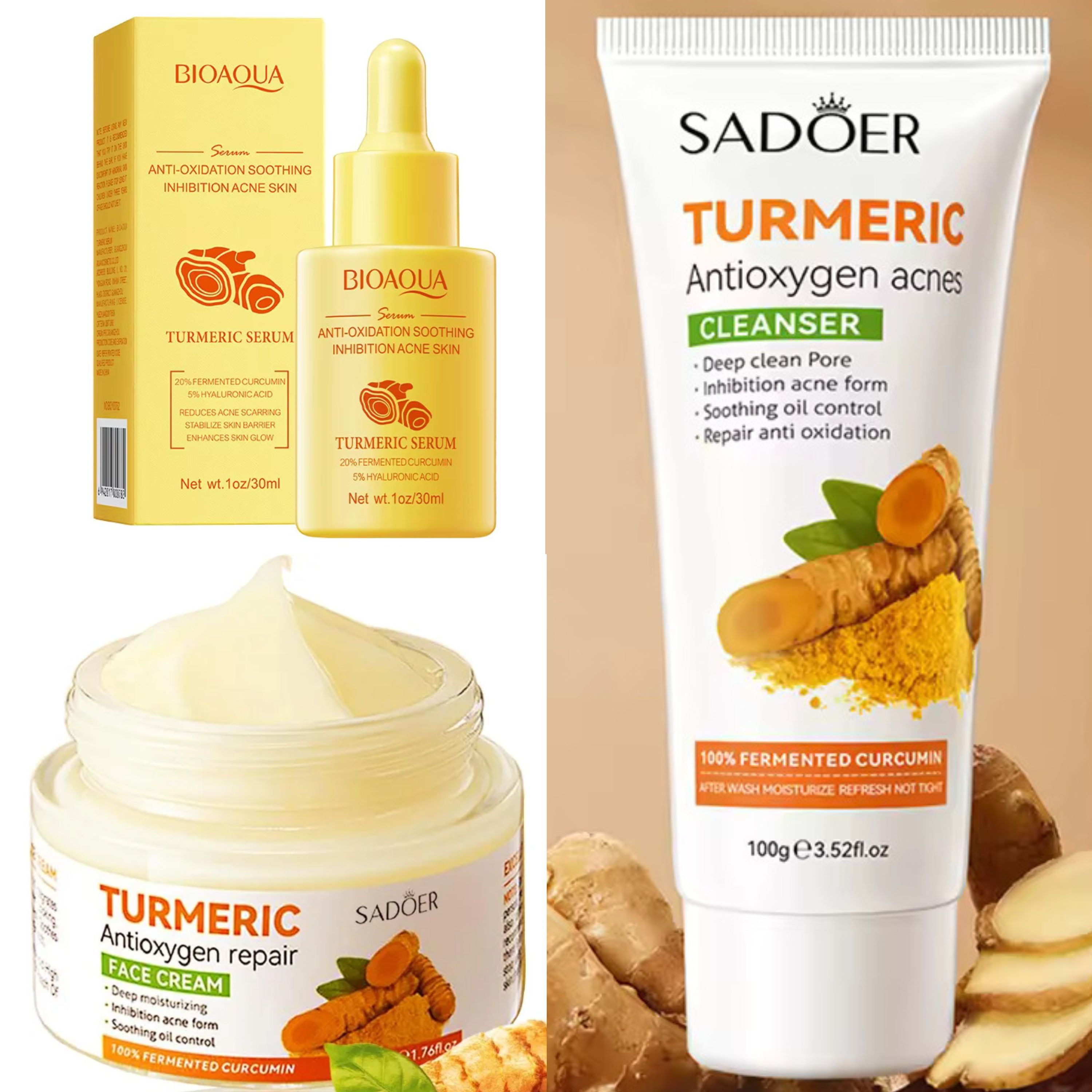 Sadoer 3 Pieces Turmeric , Sadoer Tumeric Serum Anti Acnes + Turmeric Cream + Turmeric Cleanser Pore Shrinking and Even Dark Spots Like Vitamin C, Deep Cleansing, For Face and Body Moisturizing Soap