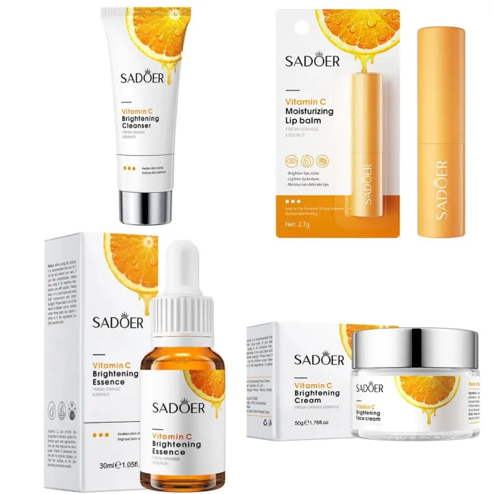 SADOER 4 in 1,Vitamin C Serum + Moisturizing Lipbalm  + Vitamin C Cream+ Face Wash for Face Brightening, Moisturizing and Black Heads Removal, Anti Wrinkles, Lighten Dark Spots, Hydrate Dry Skin