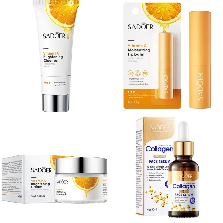 SADOER 4 in 1 Brightening Kit, Vitamin C Cream + Collagen Face Serum + Face Brightening Cleanser + Vitamin C Lip Brightening Lip balm, Brighten, Fight Acne and pimples, Reduce Fine lines and Wrinkles