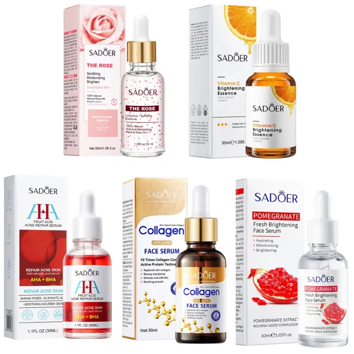 Sadoer 5 Serums Set, Vitamin C Face Serum+ Rose Water + Pomegranate Face Brightening + Collagen Face Serum + AHA BHA Serum + Moisturizing, Fade Dark Marks, Repair Acne ,  Brightening, Anti Wrinkles