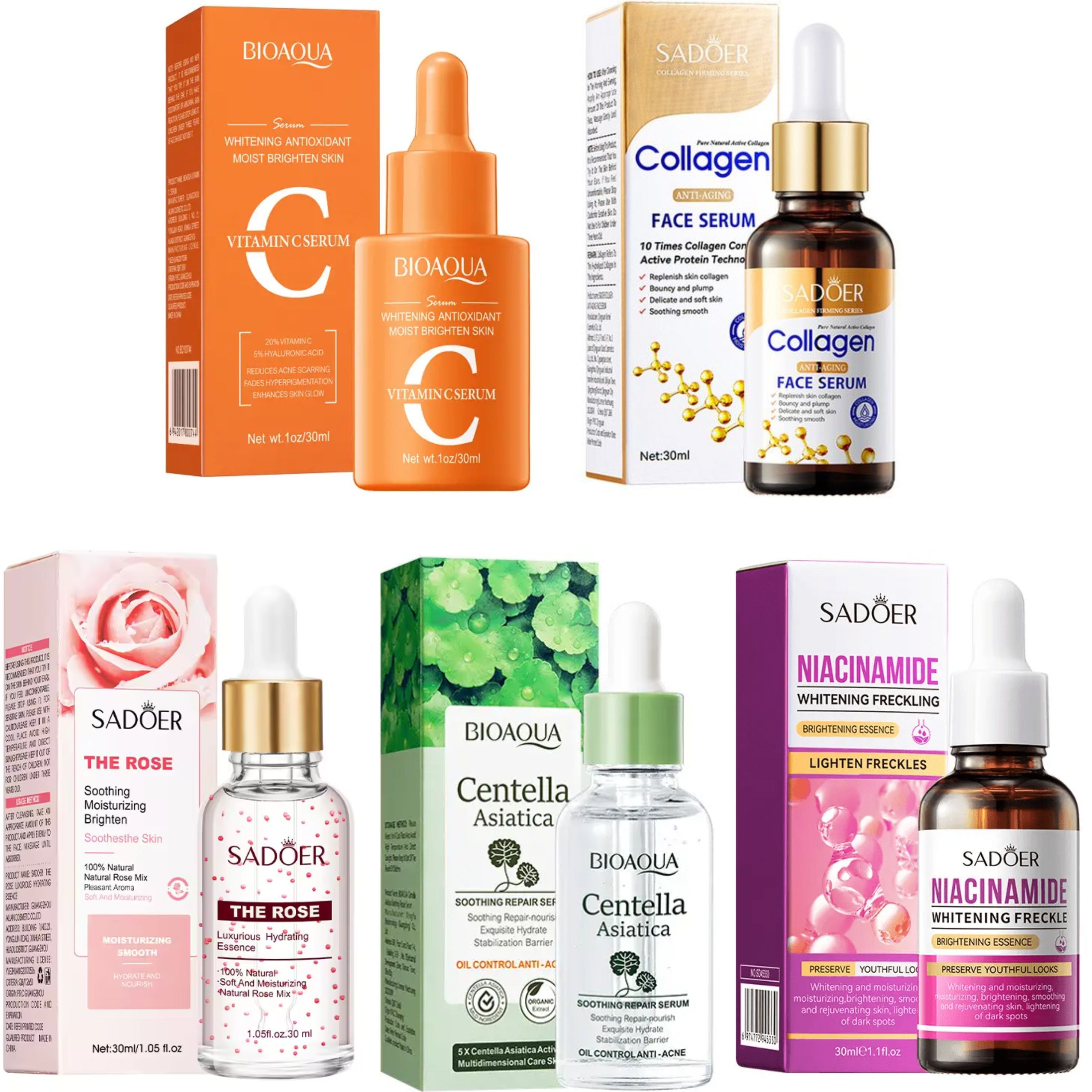 5 in 1 Collagen Serum + Niacinamide Face Brightening + Centella Asiatica +  Vitamin C Face Brightening Essence + Rose Water Essence For Anti Acne, Anti Wrinkles, Brighten Freckles and Skin Tone