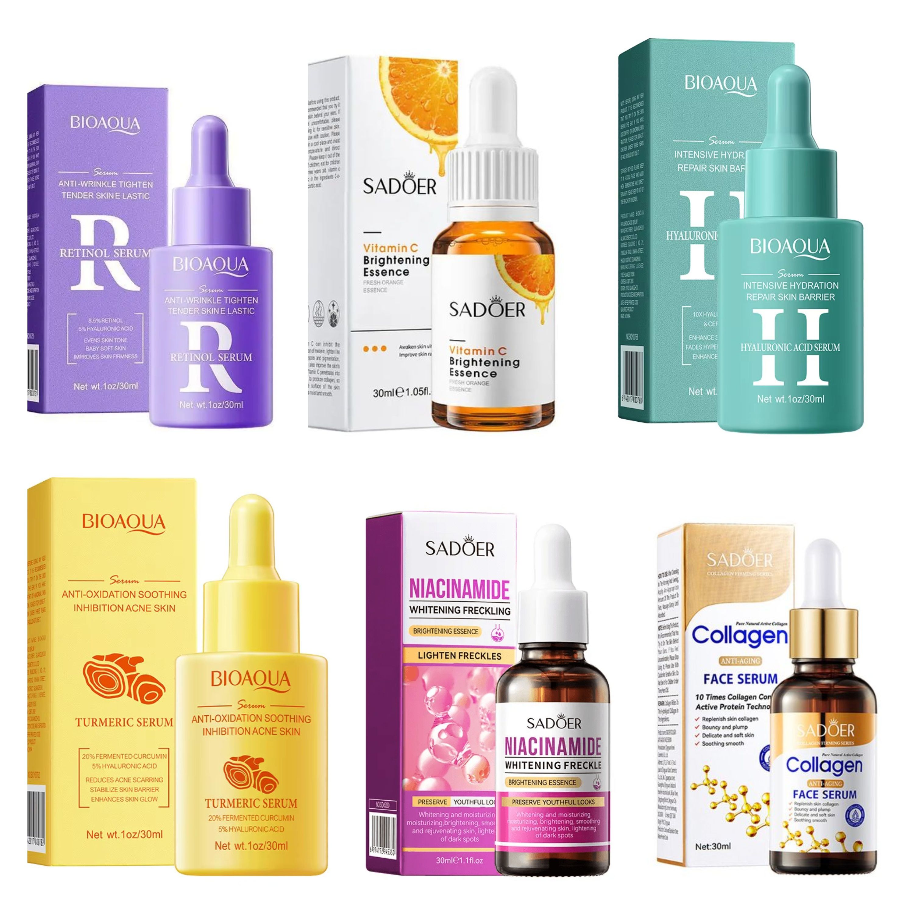 Six (6) Pieces Set, Vitamin C Serum + Niacinamide Serum + Hyaluronic Serum + Retinol Serum + Turmeric Serum + Sadoer  Collagen Serum  Anti Wrinkles, Soothing, Anti Acne Turmeric Serum, Hydrating,