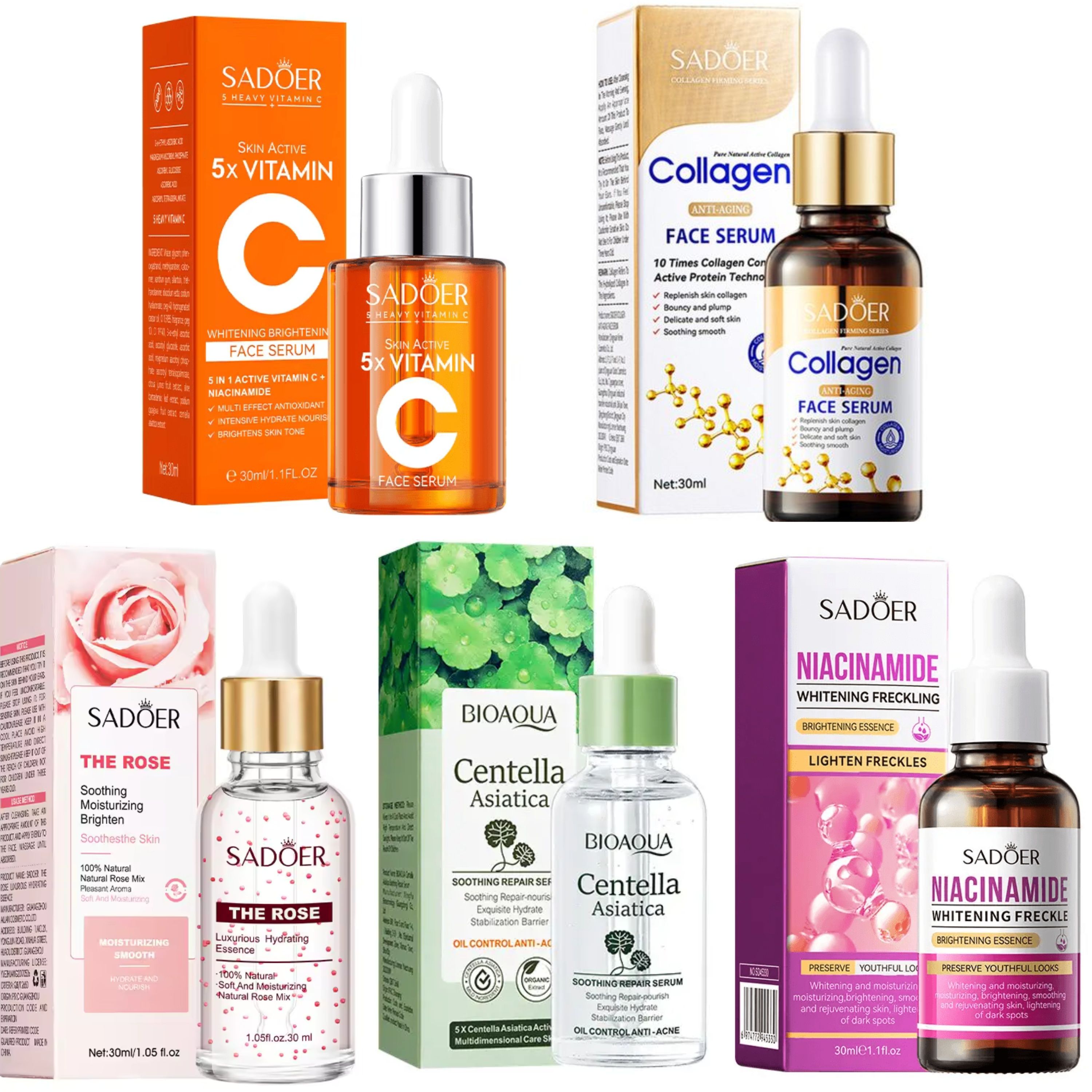 5 in 1 Collagen Serum + Niacinamide Face Brightening + Centella Asiatica +  Vitamin C Face Brightening Essence + Rose Water Essence For Anti Acne, Anti Wrinkles, Brighten Freckles and Skin Tone