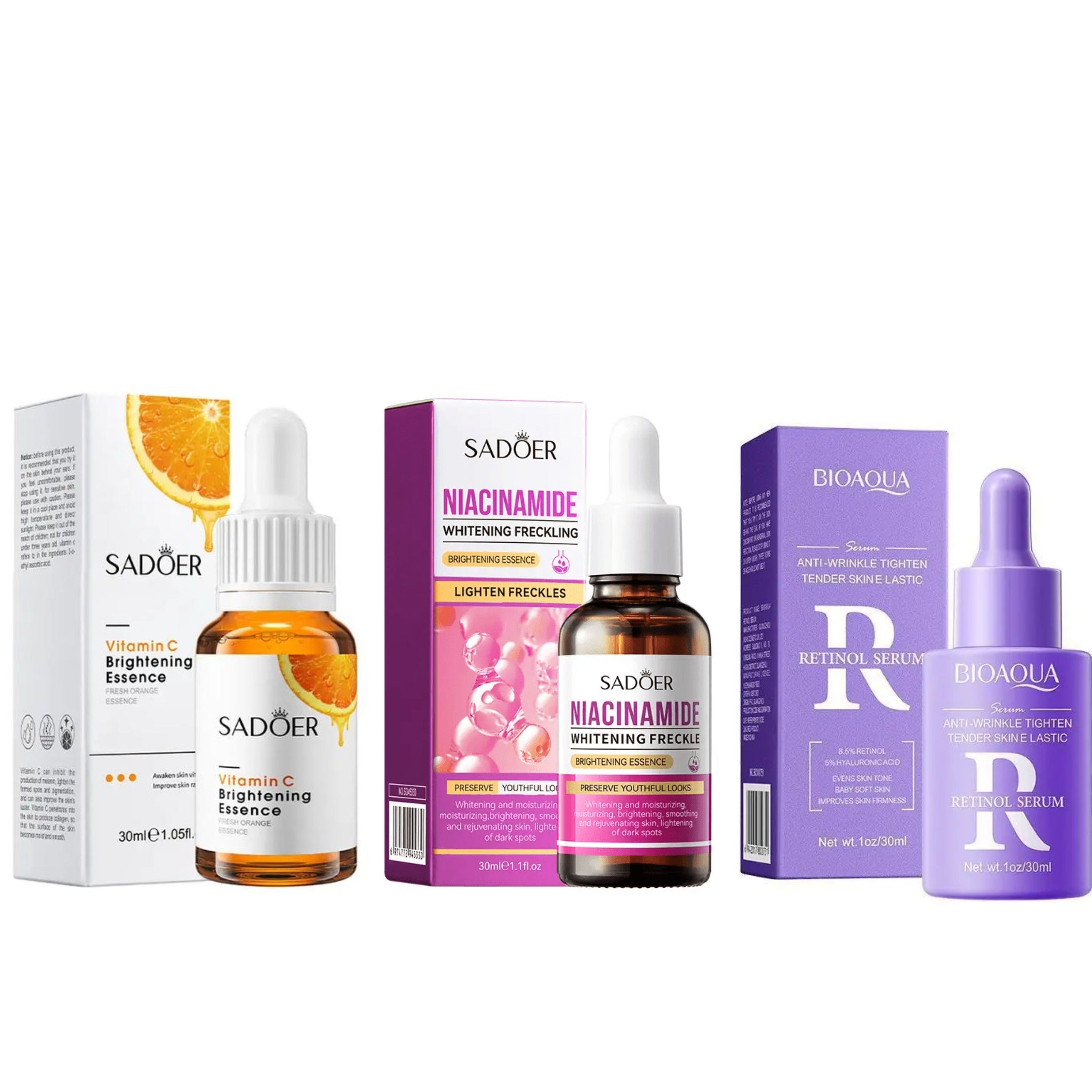 SADOER, 3 in 1 Set Serums, Vitamin C Serum Face Brightening + Niacinamide Whitening Freckles Serum + Retinol Firming Anti Wrinkles Serum, Even Skin Tone, Whiten Dark Spots, Anti Wrinkles, Baby Smooth