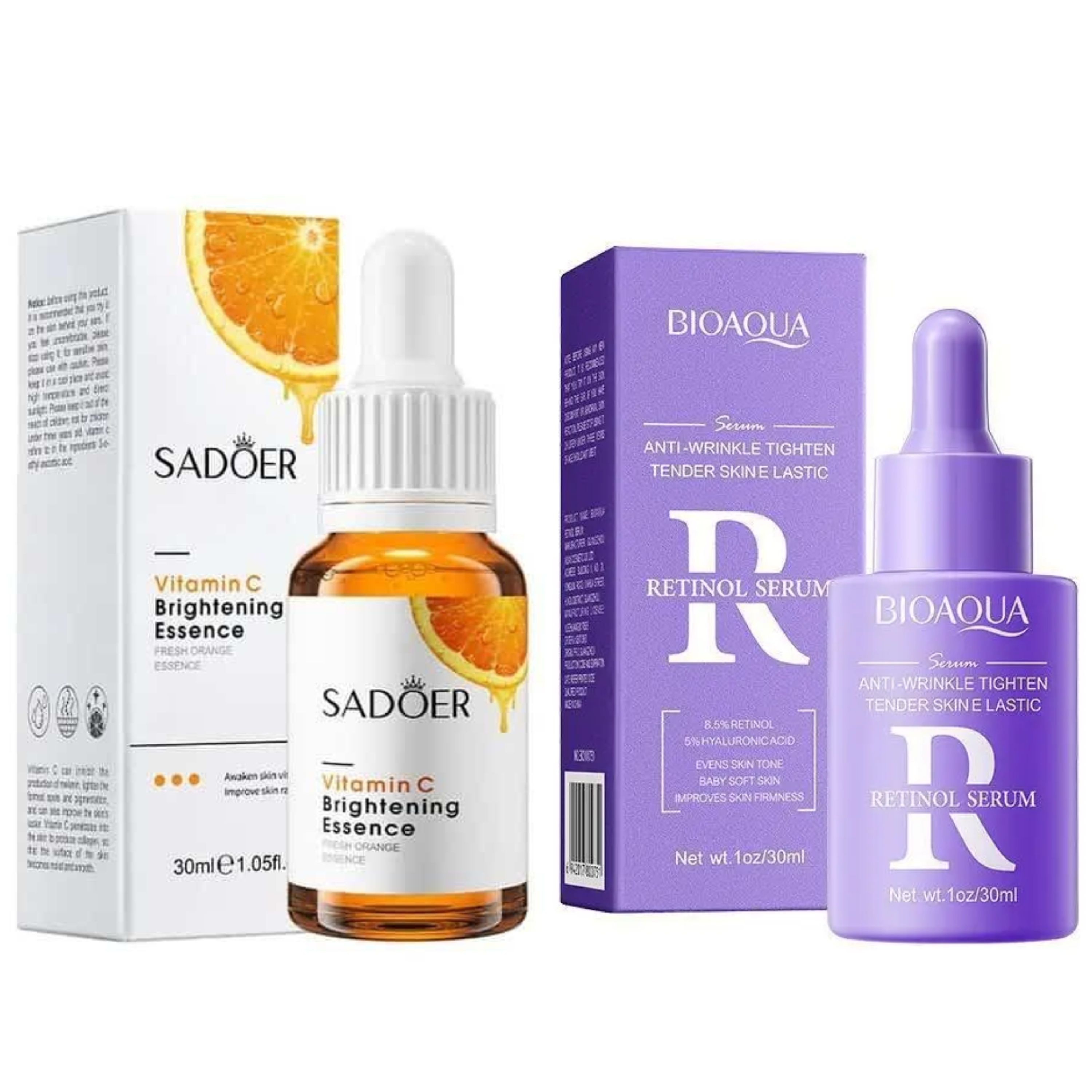 2 Pieces Set, SADOER Vitamin C Face Brightening Serum + BIOAQUA Retinol Serum Skin Firming, Anti Wrinkles Serum, Evens Skin Tone, Whiten Dark Spots