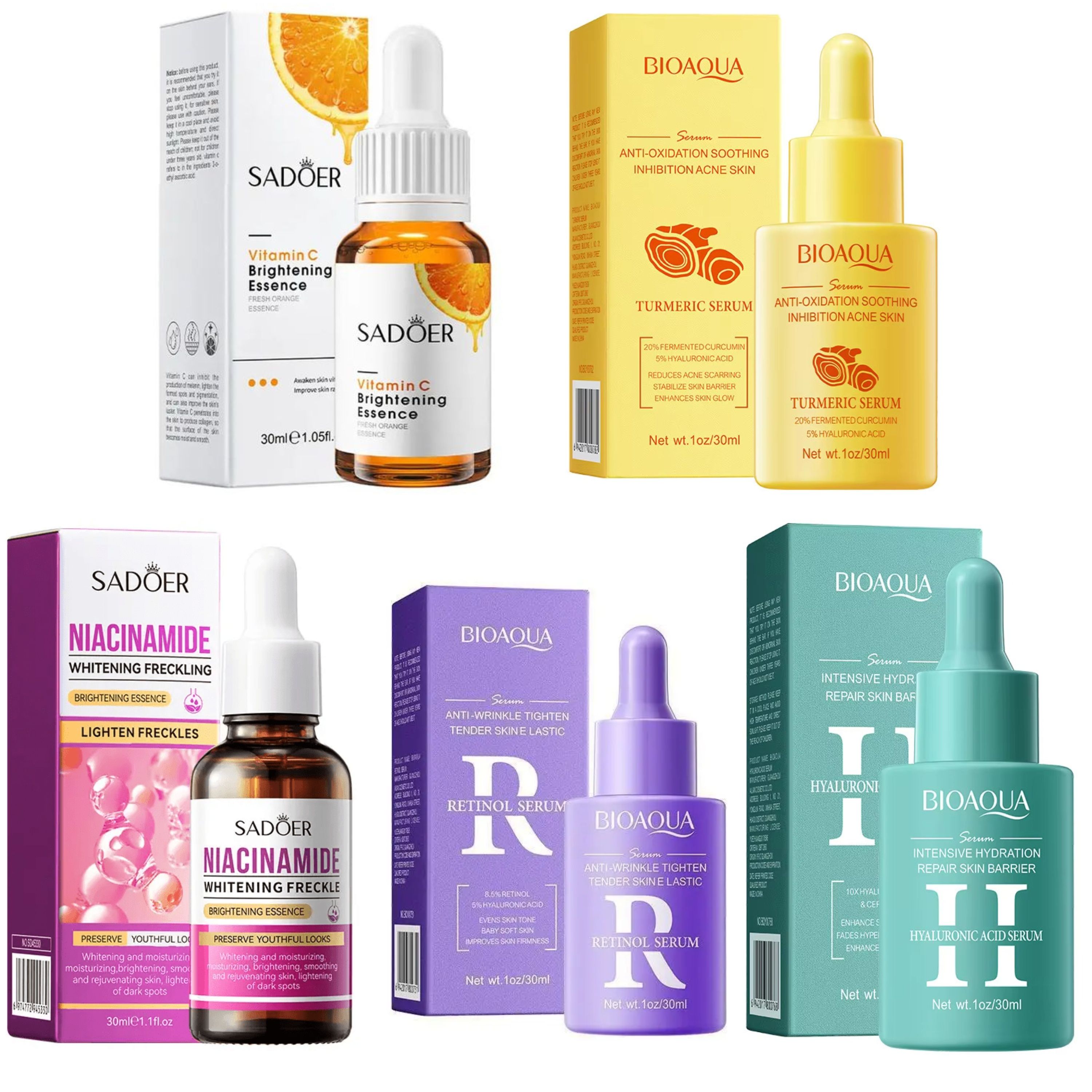 BIOAQUA 5 Serums Set, Tumeric Anti Acne Serum + Vitamin C Face Serum + Nicotinamide Serum + Retinol Anti Wrinkle Serum + Hyaluronic Hydrating Serum, For Anti Wrinkles, Even Skin Tone, Firming, Soothin