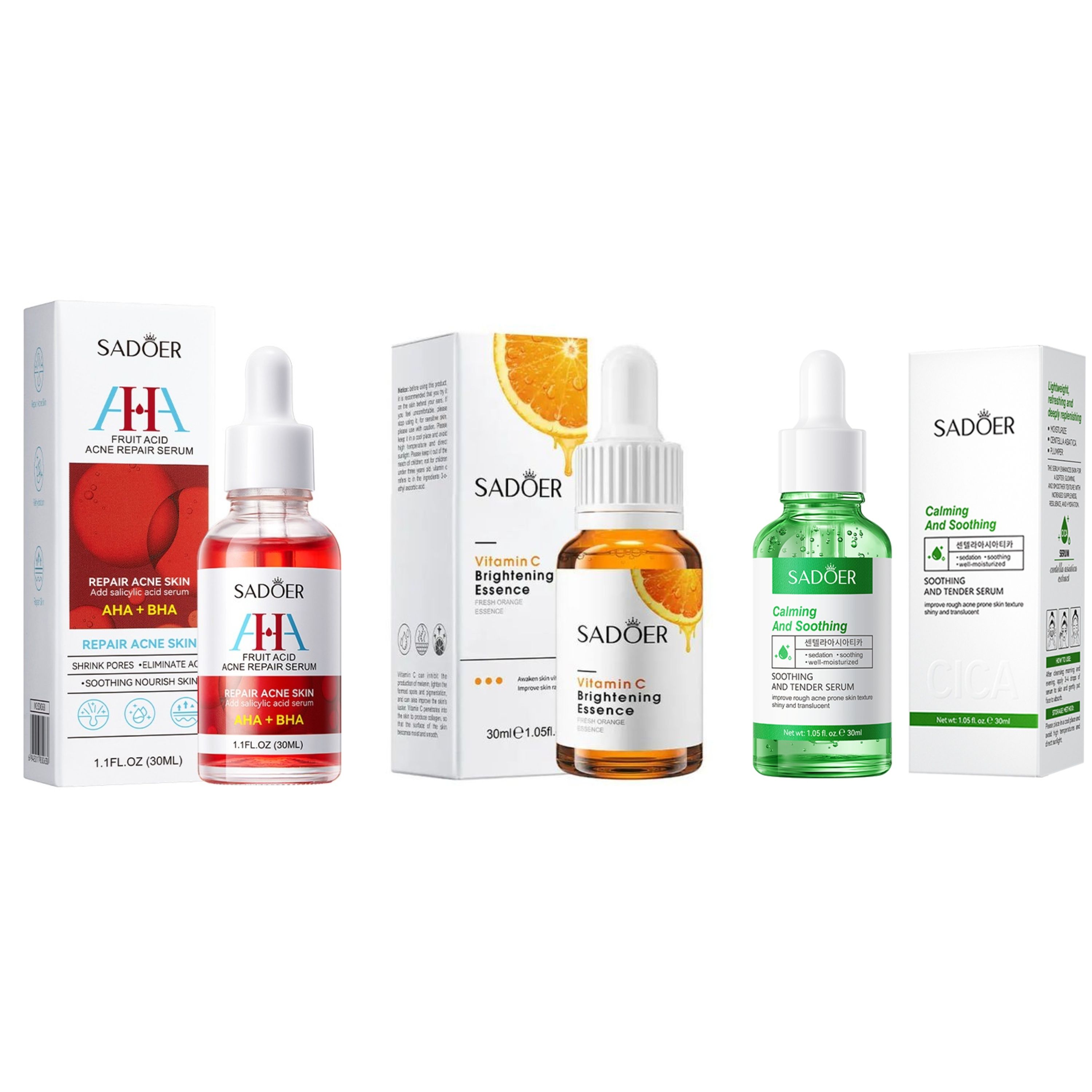 Sadoer 3 Serums Set, AHA BHA Acne Repair Serum + Vitramin C Face Brightening Serum + Centella Astica Anti Acne Serum, Shrink Pores, Brighten Skin, Repair Acne Prone Skin, Oil Control, Exfoliating