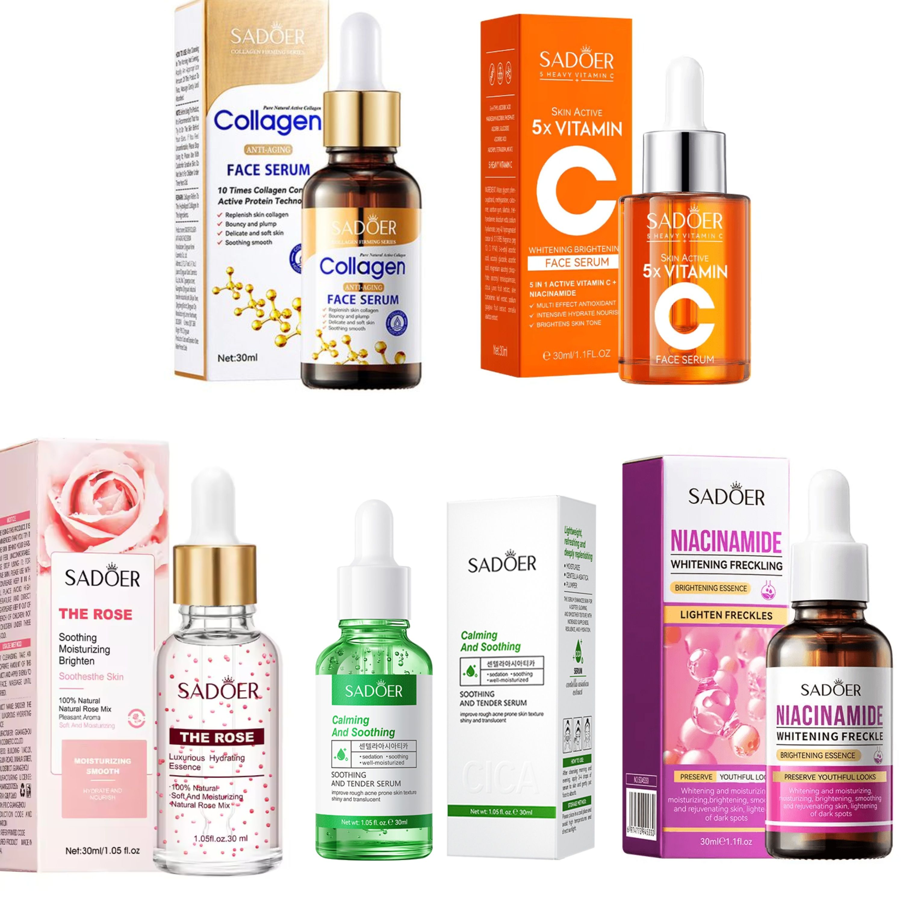 5 in 1 Collagen Serum + Niacinamide Face Brightening + Centella Asiatica +  Vitamin C Face Brightening Essence + Rose Water Essence For Anti Acne, Anti Wrinkles, Brighten Freckles and Skin Tone