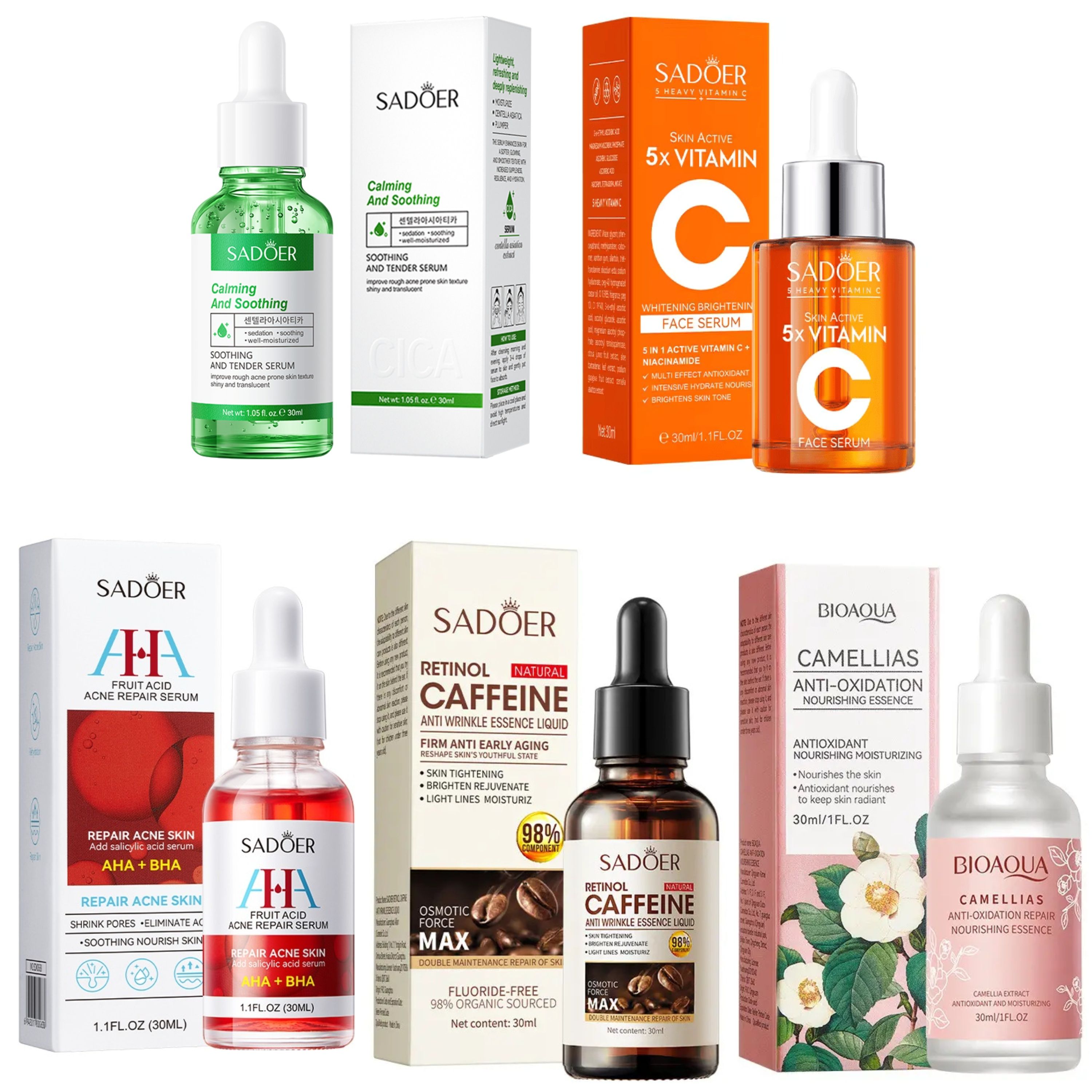 Sadoer 5 in 1 Set, Skin Active Vitamin C Serum + Camellias Anti Oxidation Essence + AHA BHA Serum +  Retinol Caffeine Serum +Centella Asiatica Anti Acne Acne Serum, For Anti Aging, Brighten Skin Tone,