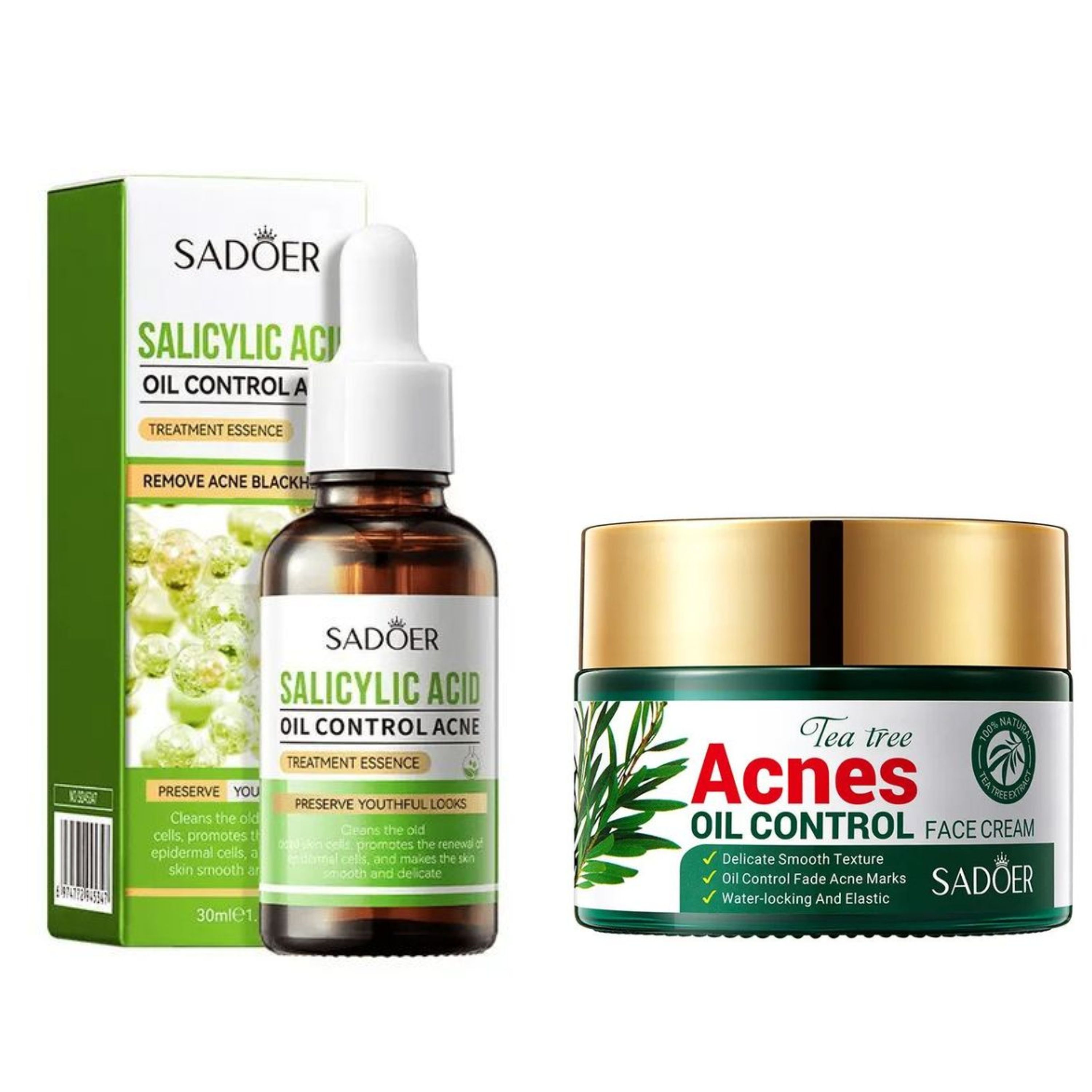 SADOER 2 in 1, Tea Tree Acnes Face  Cream + Salicylic Acid  Acne Treatment Essence and Oil Control Face Serum , Moisturizing, Fade Acne Marks