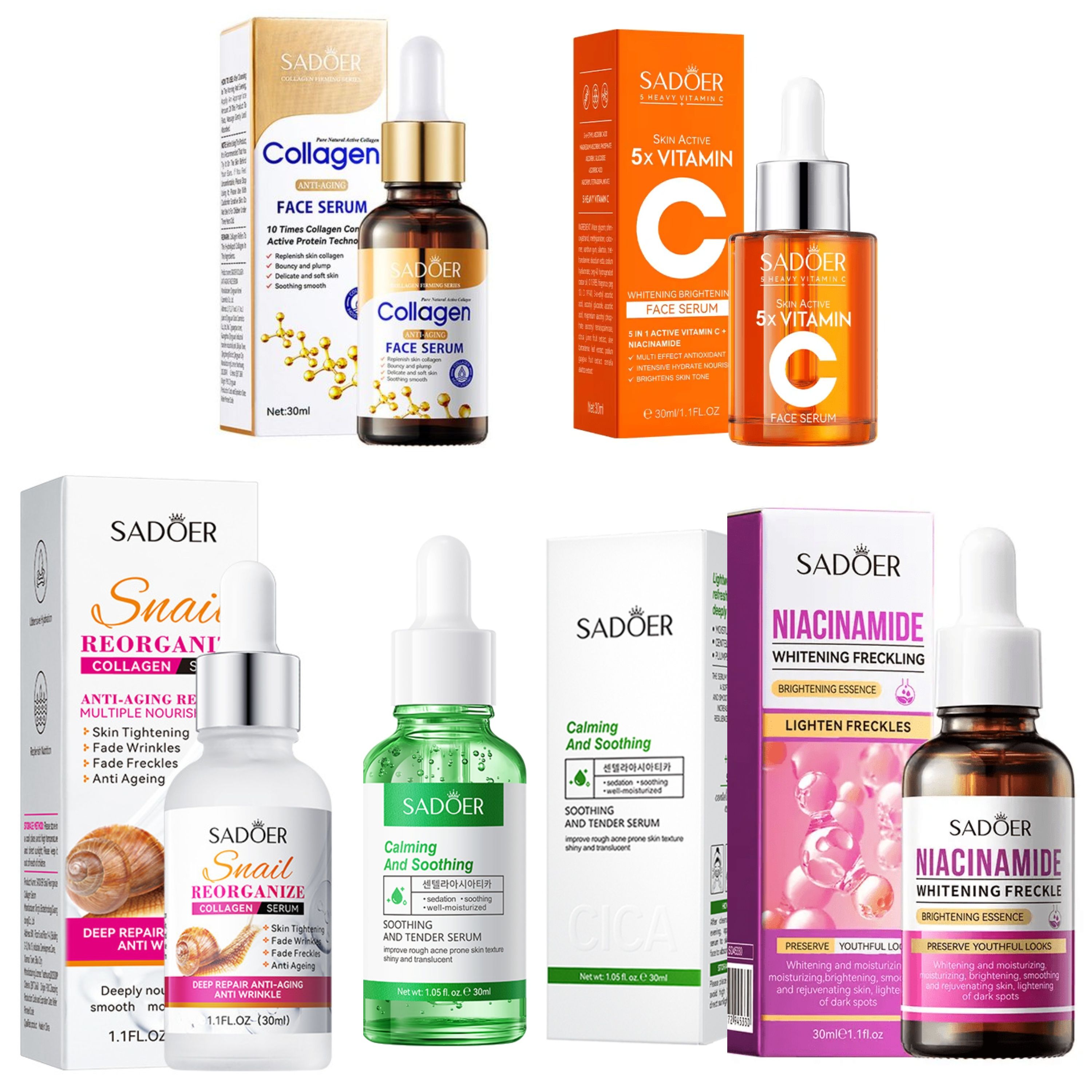 5 in 1 Collagen Serum + Niacinamide Face Brightening + Centella Asiatica +  Vitamin C Face Brightening Essence + Snail Collagen Serum, For Anti Acne, Anti Wrinkles, Brighten Freckles and Skin Tone