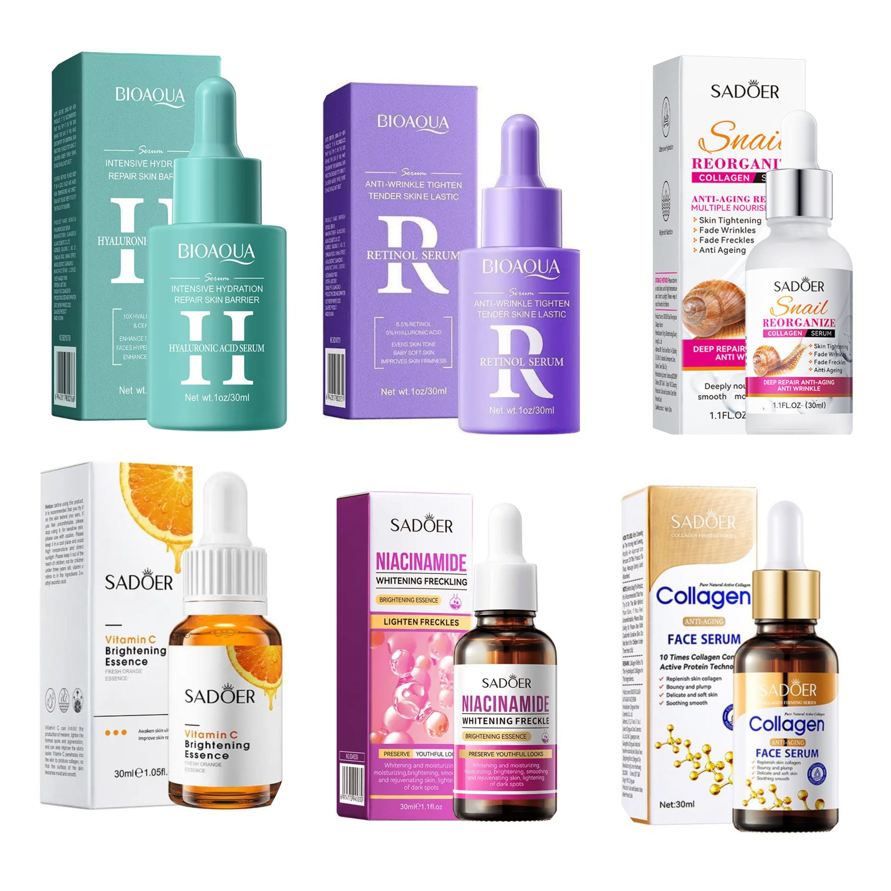 Six (6) Pieces Set, Vitamin C Serum + Niacinamide Serum + Hyaluronic Serum + Retinol Serum + Snail Collagen Serum + Sadoer  Collagen Serum  Anti Wrinkles, Soothing, Anti Acne Turmeric Serum, Hydrating
