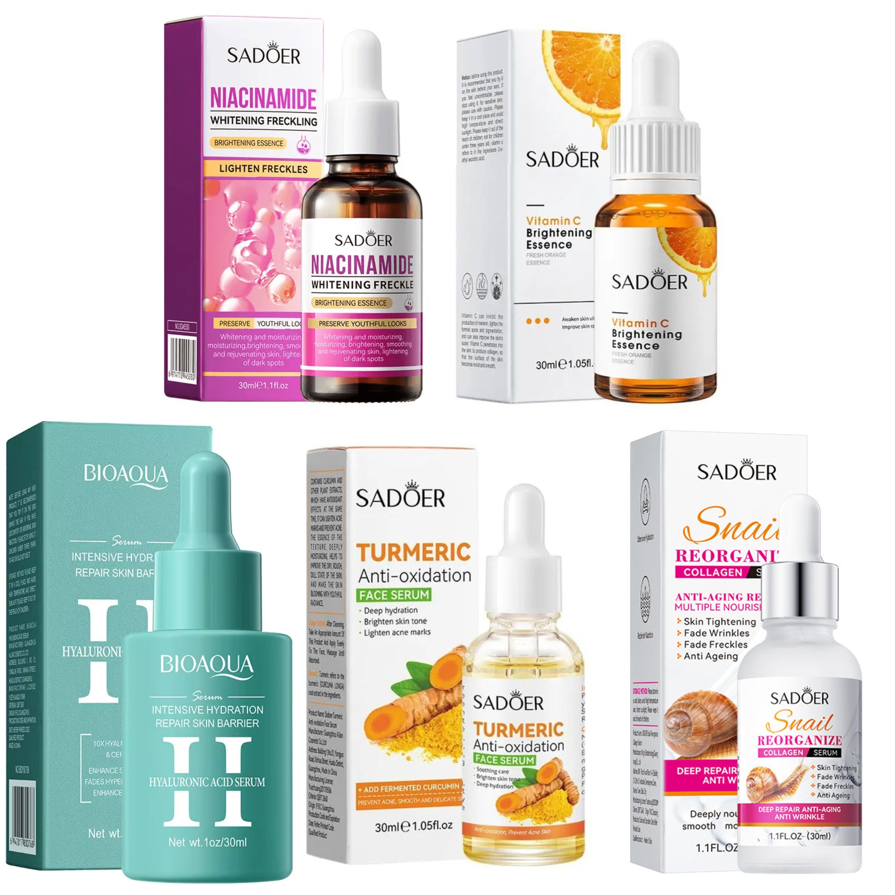 5 in 1 Serums, Turmeric Anti Acne Serum + Sadoer Vitamin C Brightening Serum + Sadoer Collagen  Snail Serum  + Niiacinamide Whitening Freckles Serum + Hyaluronic Acid Serum Intensive Hydration Serum