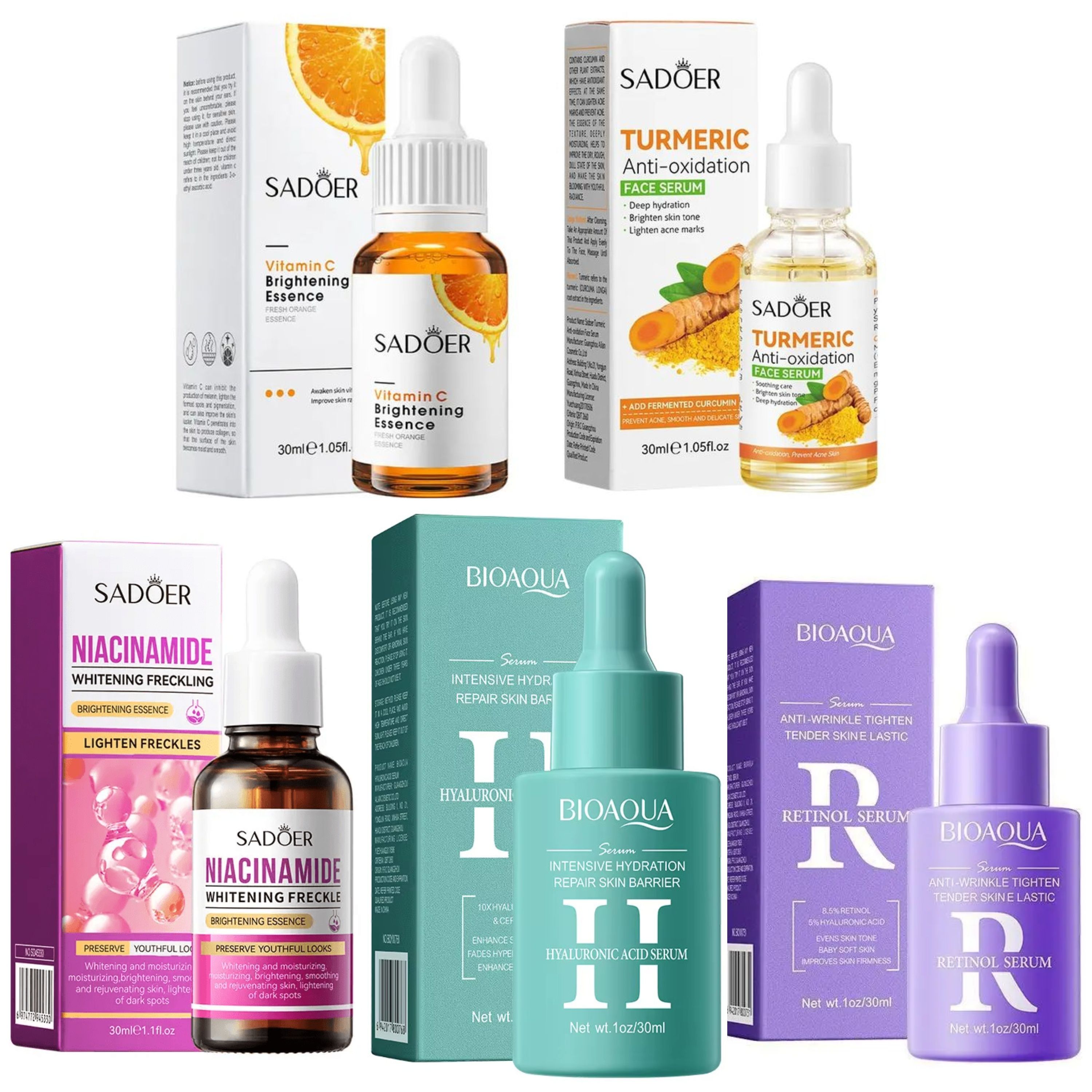 5 Serums Set, Tumeric Anti Acne Serum + Vitamin C Face Serum + Nicotinamide Serum + Retinol Anti Wrinkle Serum + Hyaluronic Hydrating Serum, For Anti Wrinkles, Even Skin Tone, Firming, Soothin