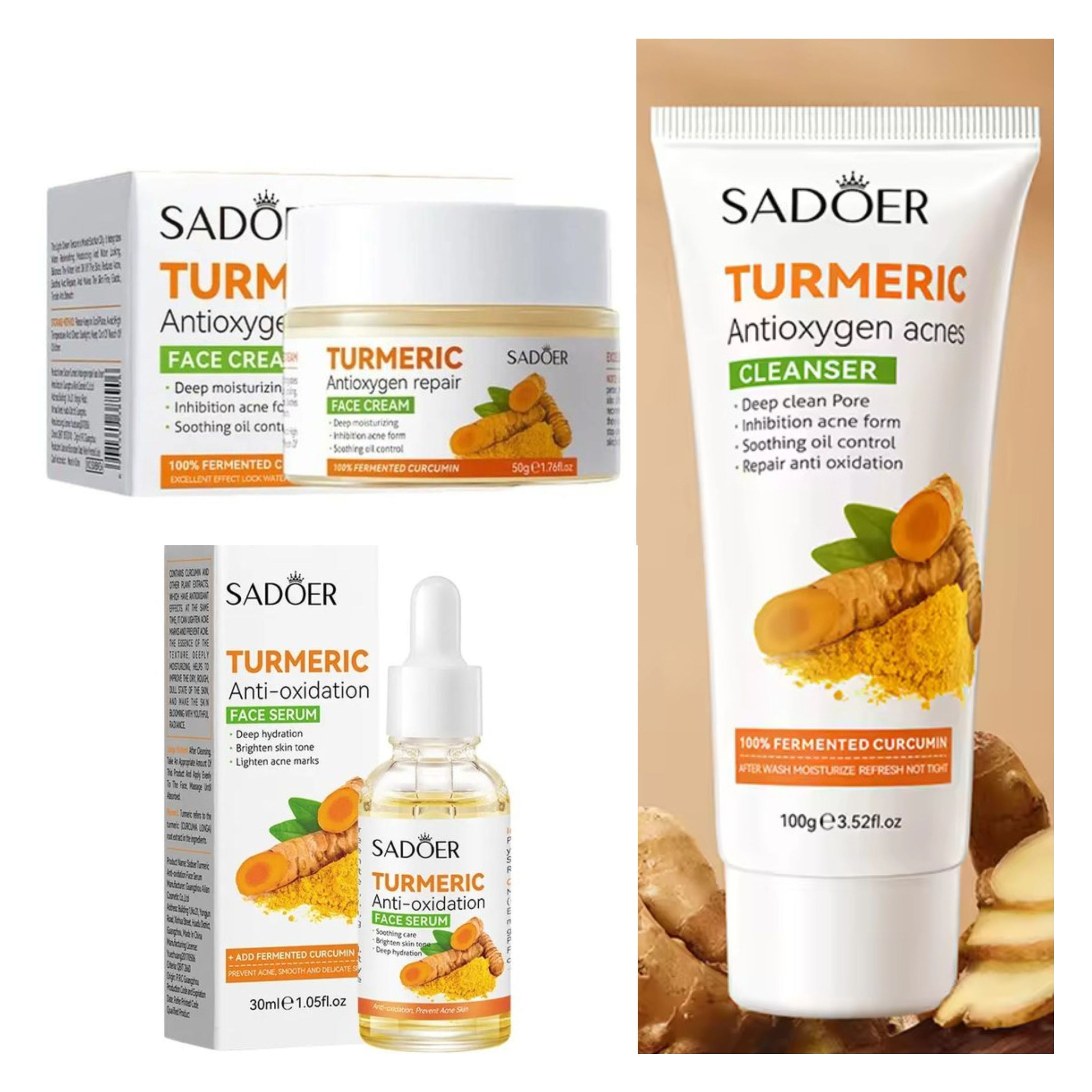 Sadoer 3 Pieces Turmeric , Sadoer Tumeric Serum Anti Acnes + Turmeric Cream + Turmeric Cleanser Pore Shrinking and Even Dark Spots Like Vitamin C, Deep Cleansing, For Face and Body Moisturizing Soap