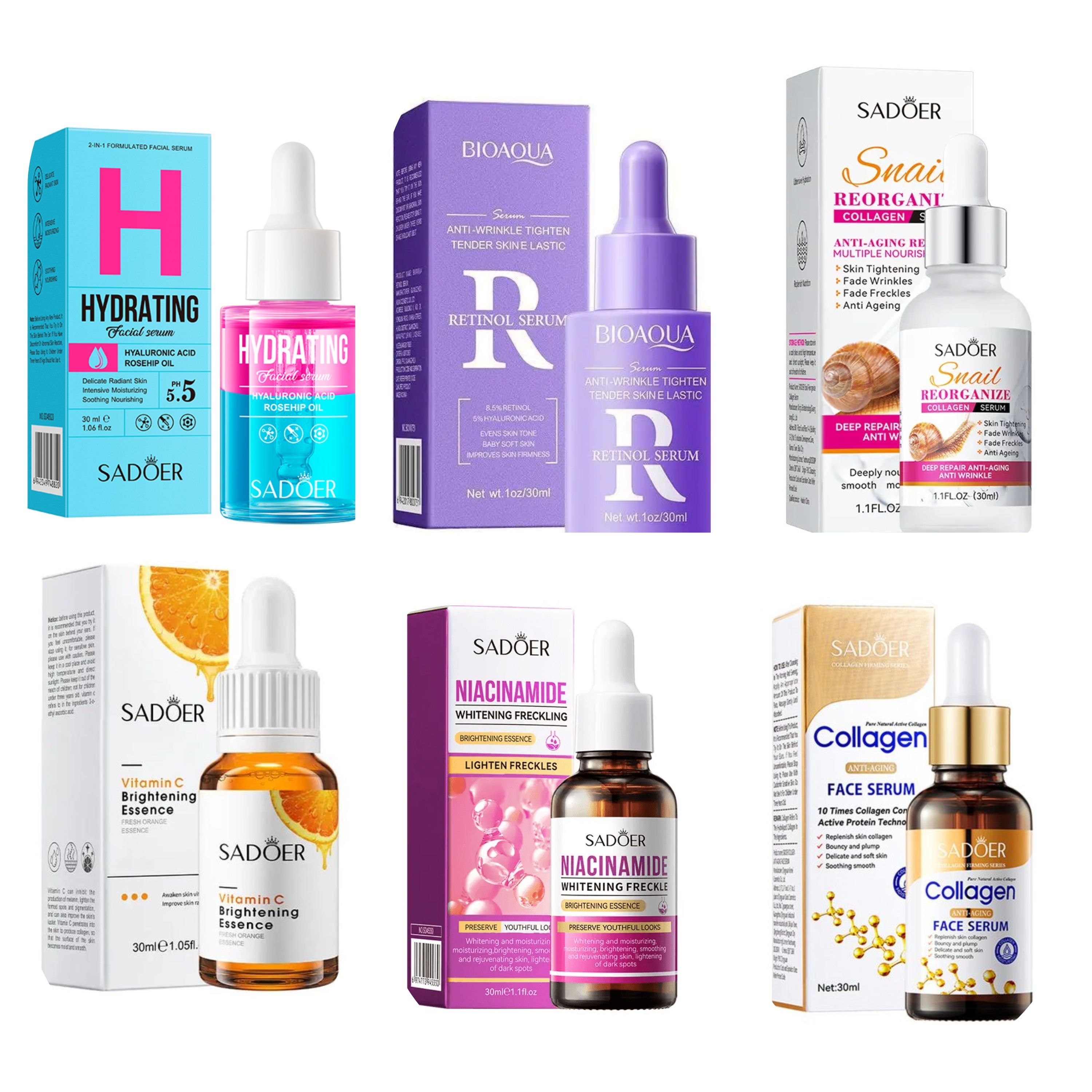 Six (6) Pieces Set, Vitamin C Serum + Niacinamide Serum + Hyaluronic Serum + Retinol Serum + Snail Collagen Serum + Sadoer  Collagen Serum  Anti Wrinkles, Soothing, Anti Acne Turmeric Serum, Hydrating