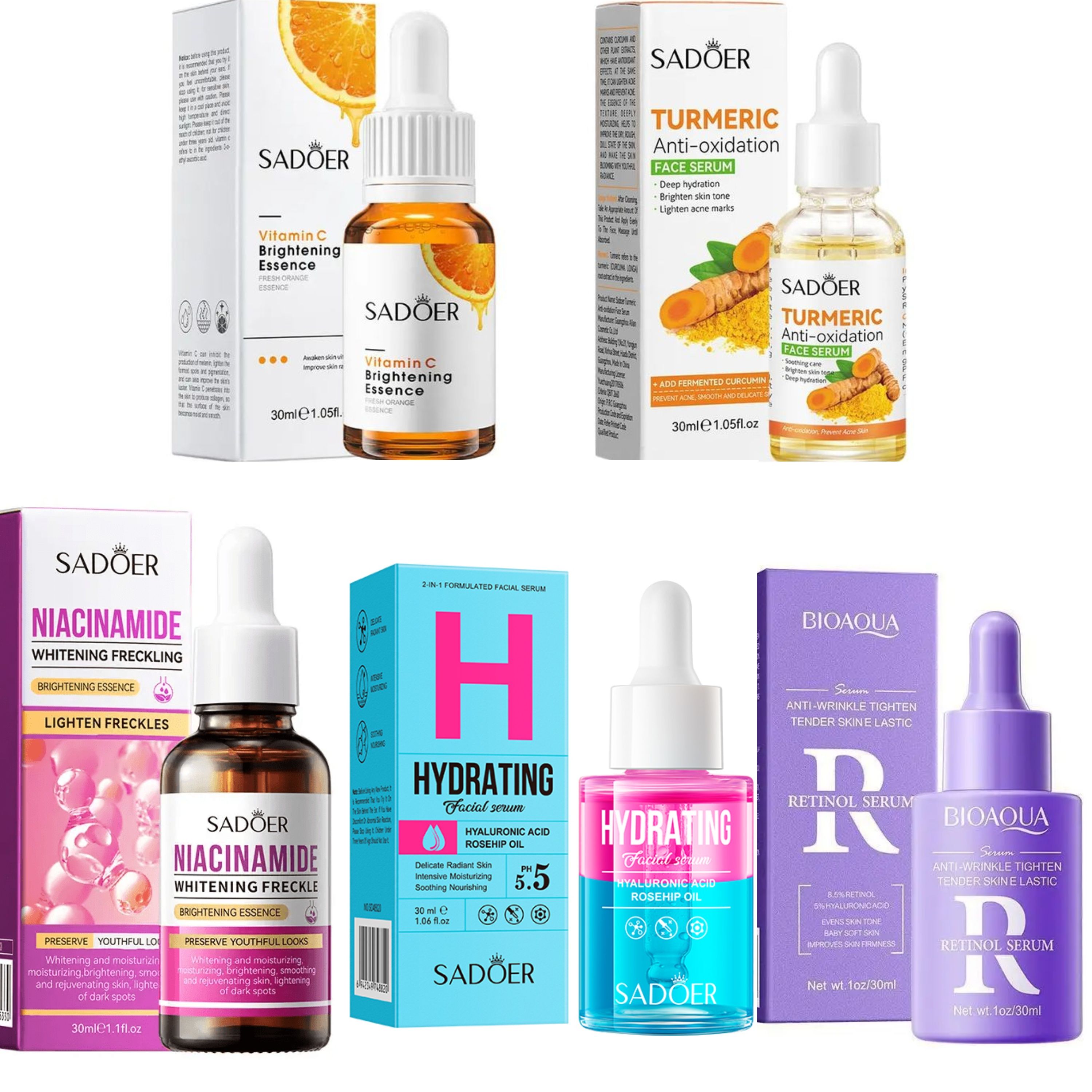 5 Serums Set, Tumeric Anti Acne Serum + Vitamin C Face Serum + Nicotinamide Serum + Retinol Anti Wrinkle Serum + Hyaluronic Hydrating Rosehip Serum, For Anti Wrinkles, Even Skin Tone, Firming, Soothin