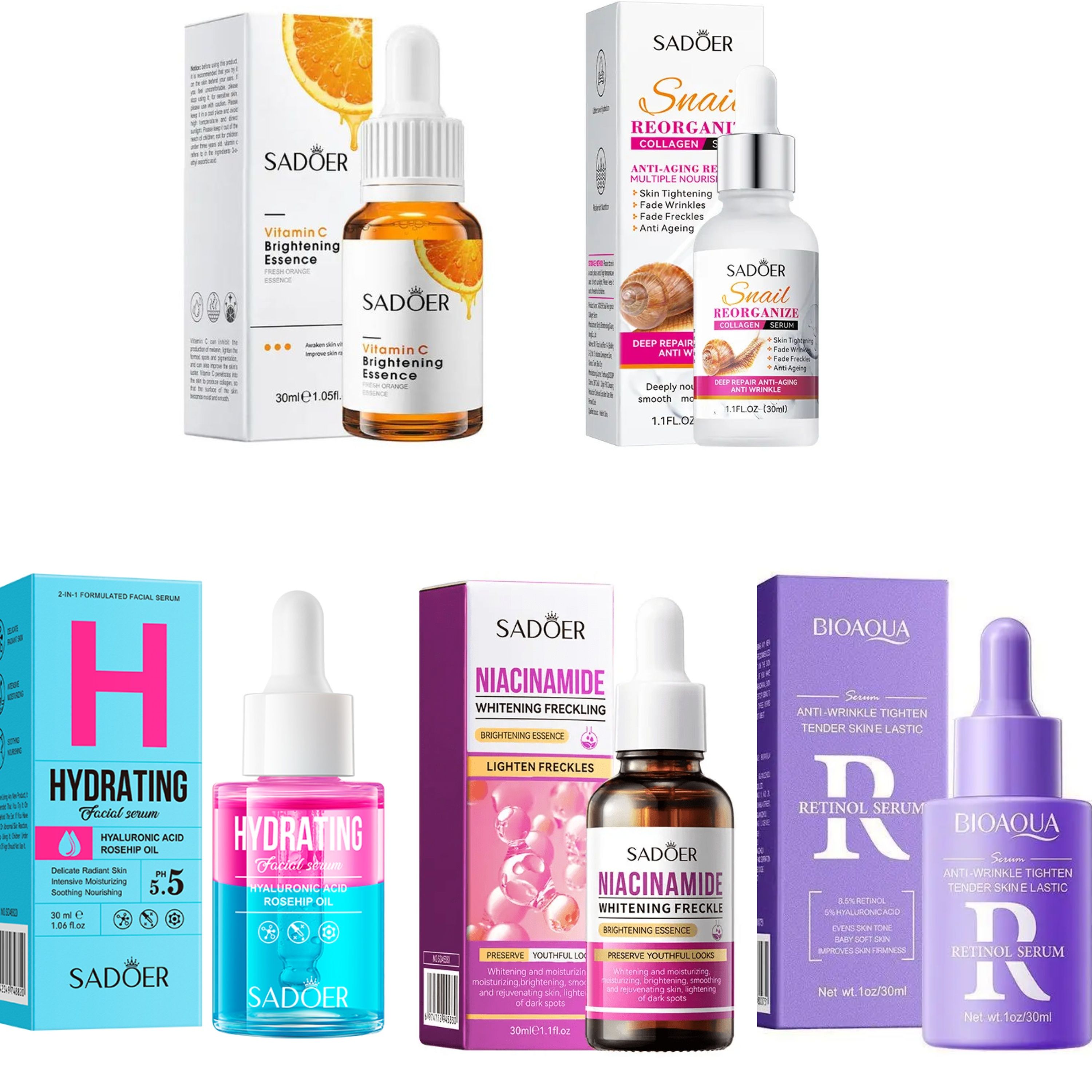 5 in 1 Set, Sadoer Vitamin C Serum + Sadoer Collagen Snail Serum + Nicotinamide Serum + Hyaluronic Acid Serum +Retinol Serum, Moisturizing, Anti Wrinkles, Anti Aging, Skin Tightening, Whiten Dark Spo
