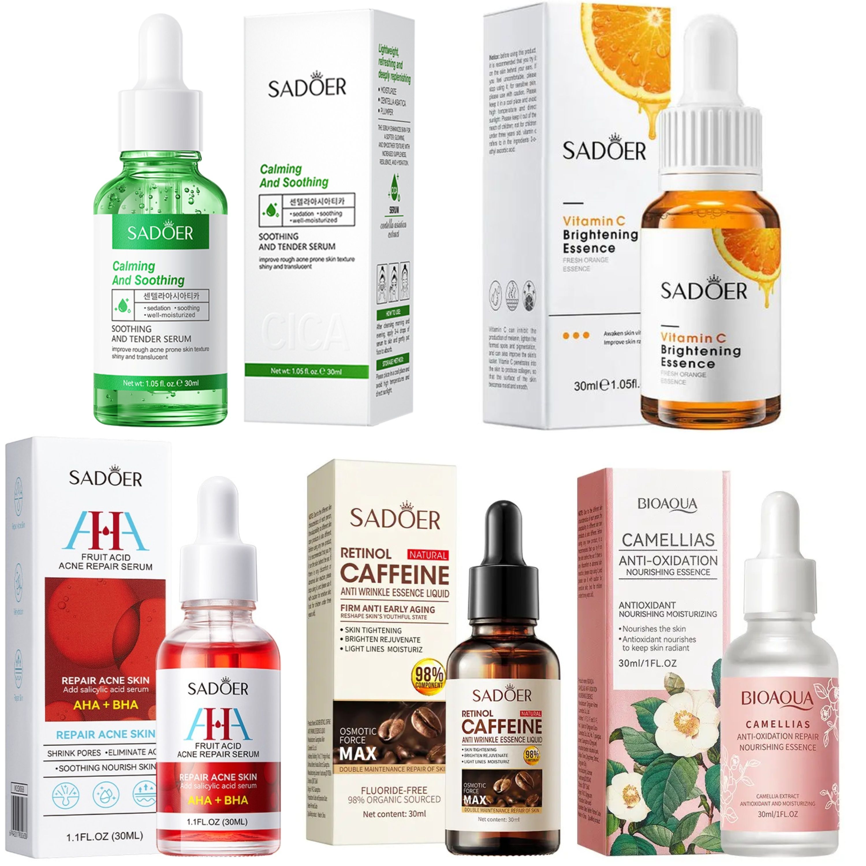 Sadoer 5 in 1 Set, Vitamin C Face Brighte Serum + Camellias Anti Oxidation Essence + AHA BHA Serum +  Retinol Caffeine Serum +Centella Asiatica Anti Acne Acne Serum, For Anti Aging, Brighten Skin Tone