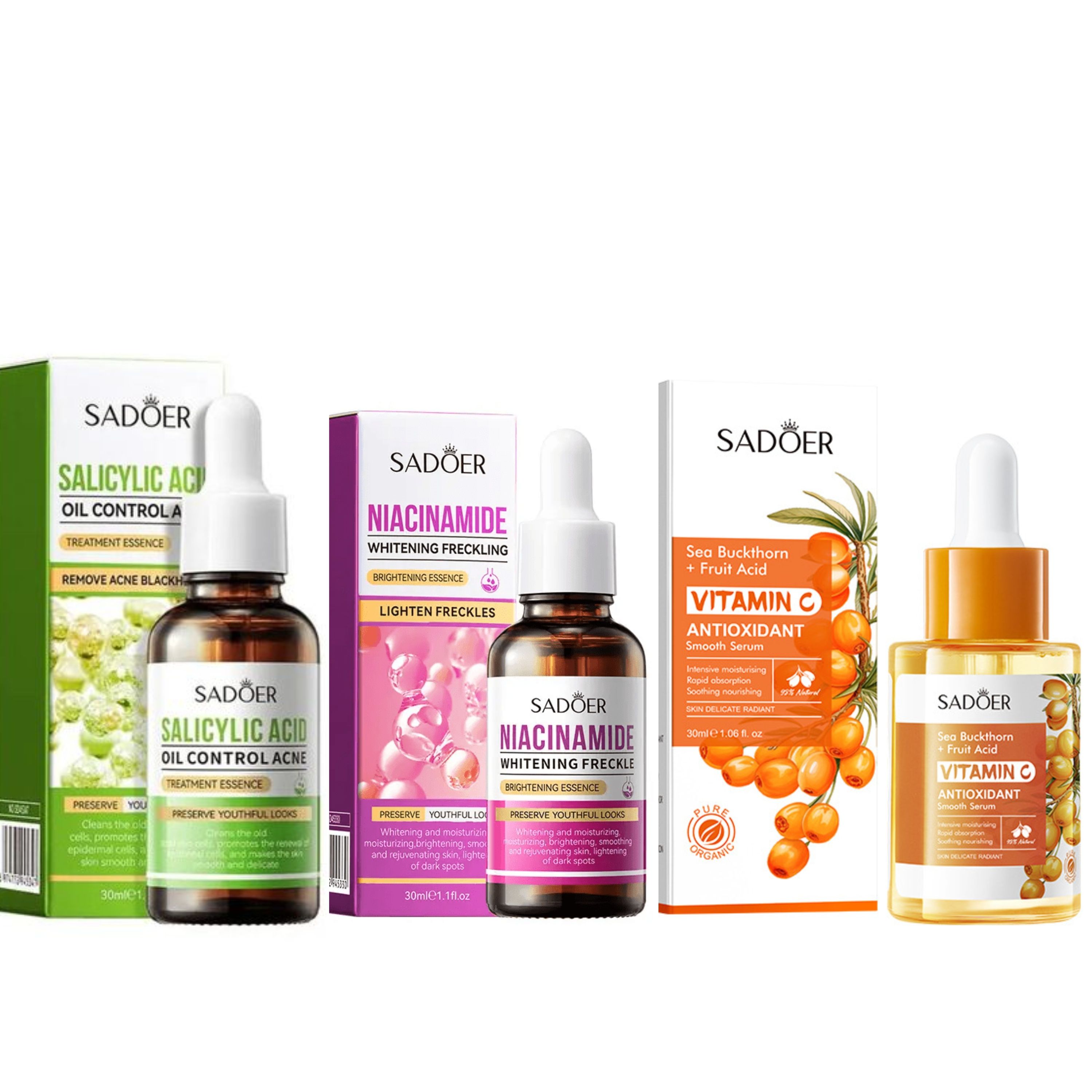 Sadoer 3 Serums ,Anti Oxidant Sea Buckthorn Vitamin C Serum + AHA BHA Salicylic  Fruit Acid , Oil Control And Acne Treatment Salicylic Acid + Salicylic Acid Acne Treatment Essenceand Even Ski Serum