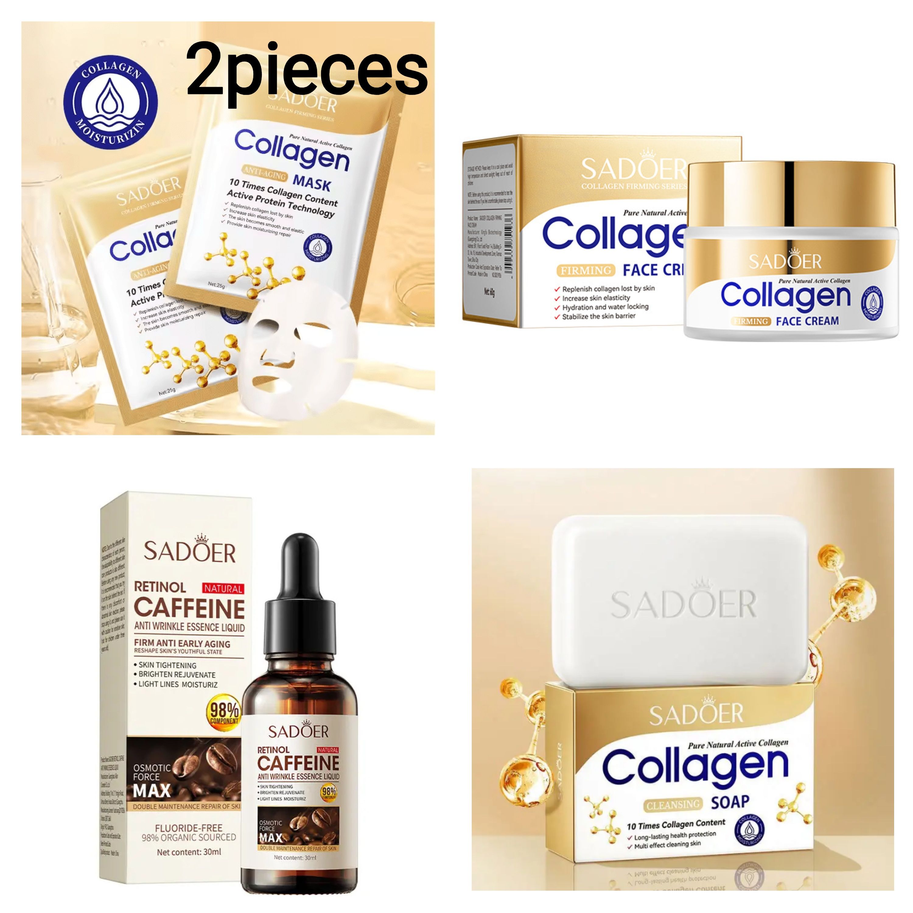 Sadoer  5 Pieces, Collagen Soap +  Retinol Caffeine Anti Wrinkles Serum Like Vitamin C + 2 Pieces Face Mask Moisturizing Face Mask + Collagen Firming Cream  Collagen Cream,, smoothin