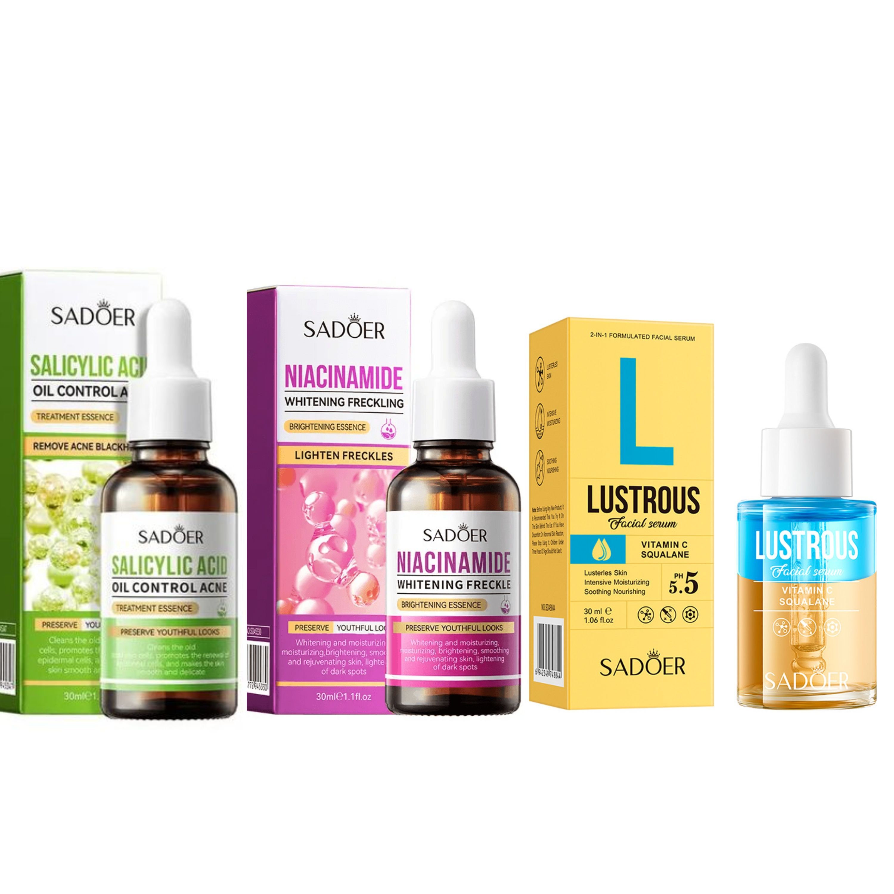 Sadoer 3 Serums ,Lustrous Vitamin C Squalane Face Serum + AHA BHA Salicylic  Fruit Acid , Oil Control And Acne Treatment Salicylic Acid + Salicylic Acid Acne Treatment Essenceand Even Ski Serum