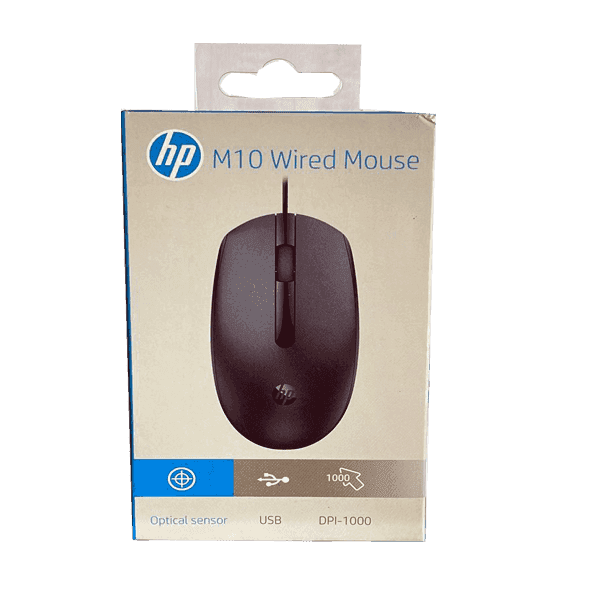 Portable HP M10 Wired USB Mouse with 3 Buttons High Definition 1000DPI Optical Tracking and Ambidextrous Design